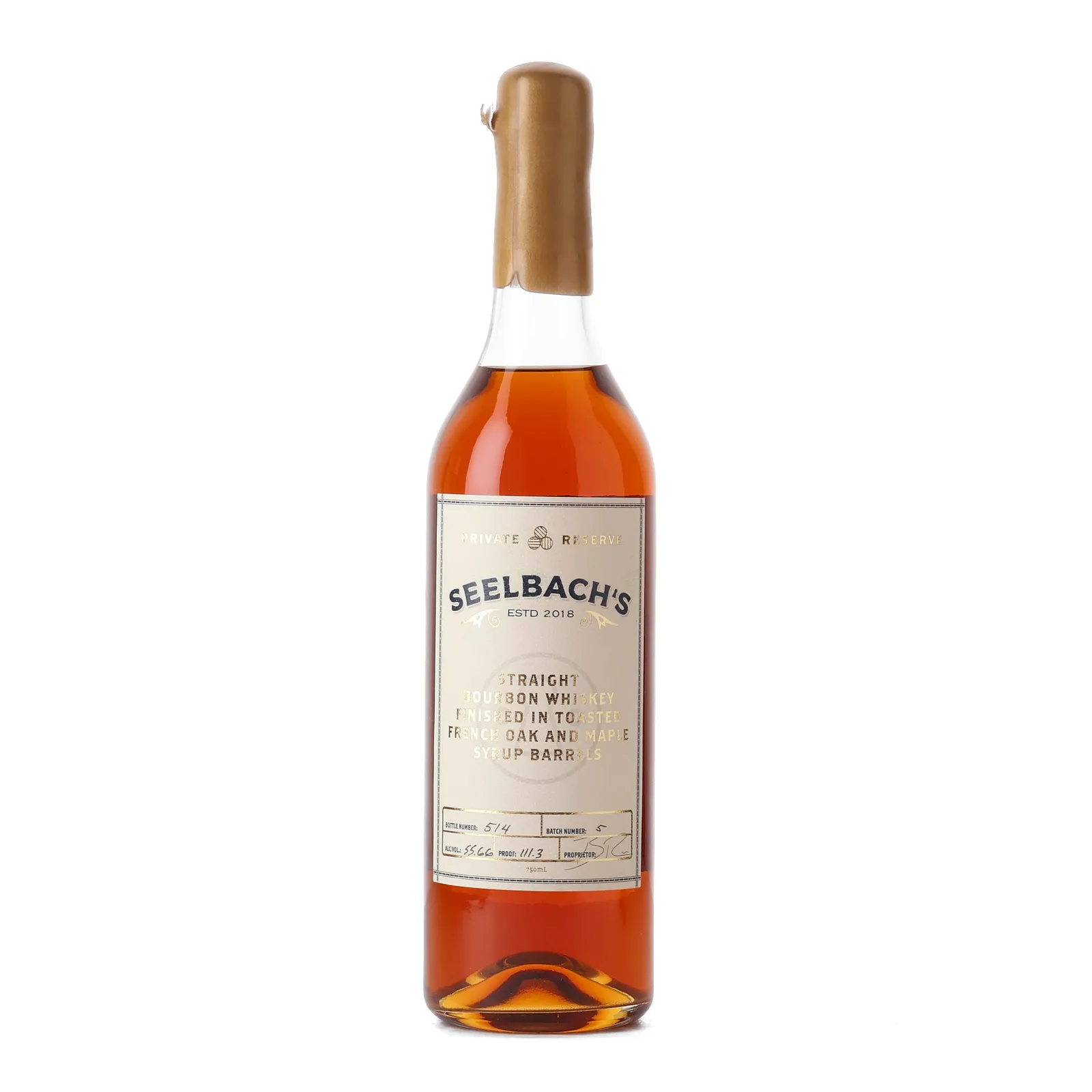 Seelbach's Private Reserve Finished in Toasted French Oak & Maple Syrup Barrels, Maple Syrup & Toasted French Oak Cask, Batch No. 5, Seelbach's, 55.65% whisky bottle