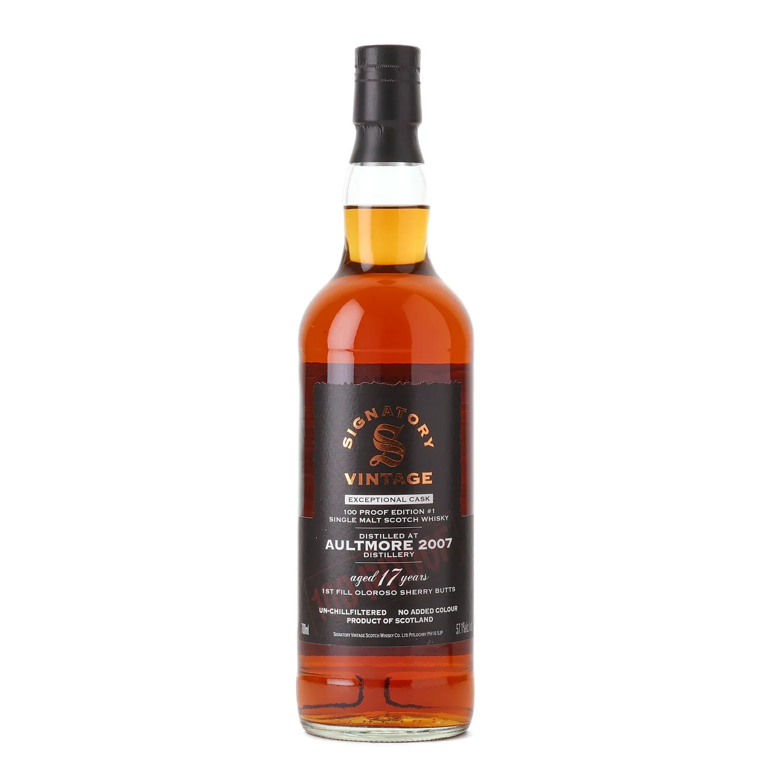 Aultmore Exceptional Cask #100 Proof Edition 17 Year Old, Oloroso Sherry Cask, Cask #124655, Edition #1, 2007, Signatory Vintage, 57.1% whisky bottle