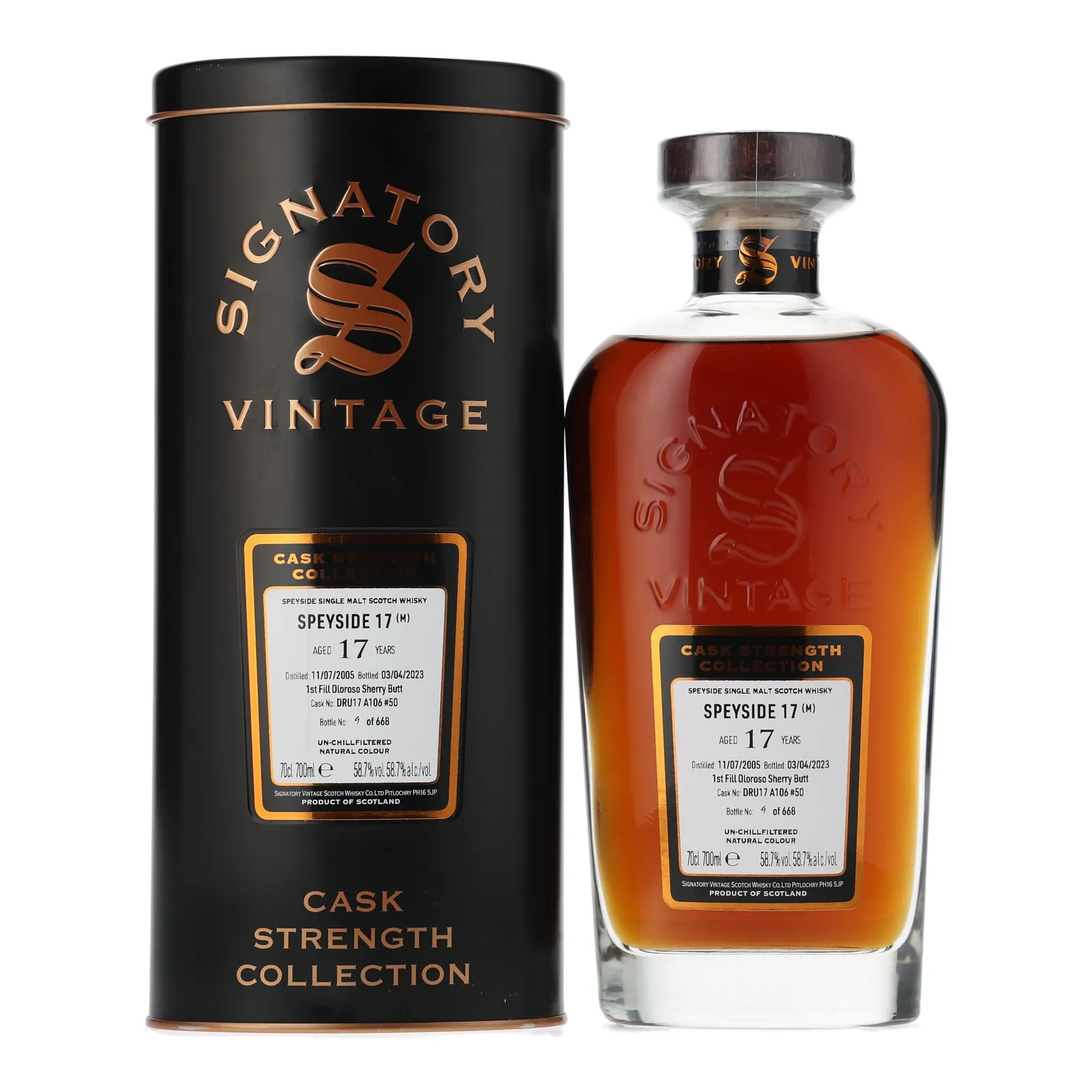 Macallan 'Speyside 17' Cask Strength Collection 17 Year Old, Oloroso Sherry Butt Cask, Cask #DRU17 A186 #50, 2005, Signatory Vintage, 58.7% whisky bottle
