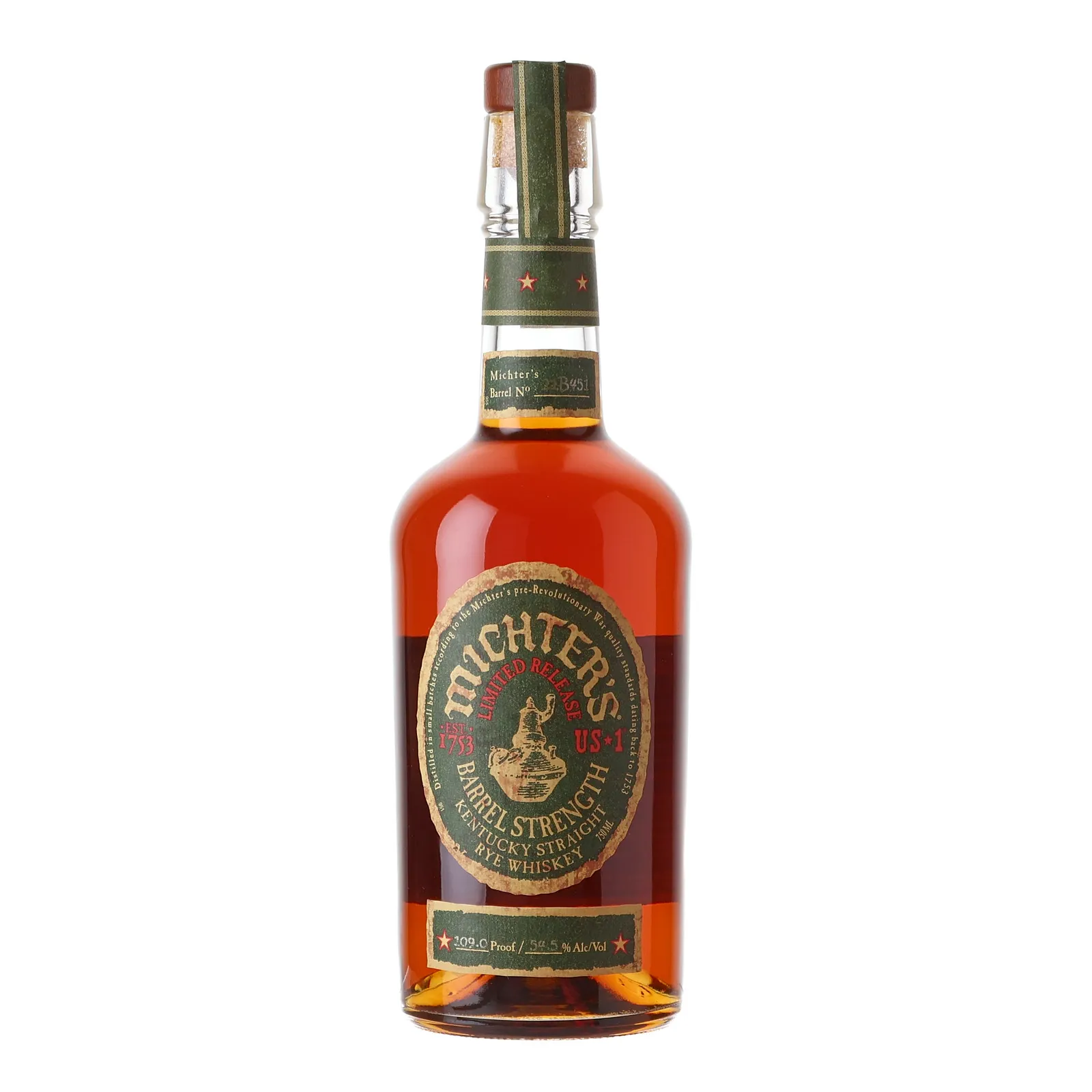 Michter's Barrel Strength Rye, New American Oak Cask, Cask #21B451, 2021, 54.5% whisky bottle