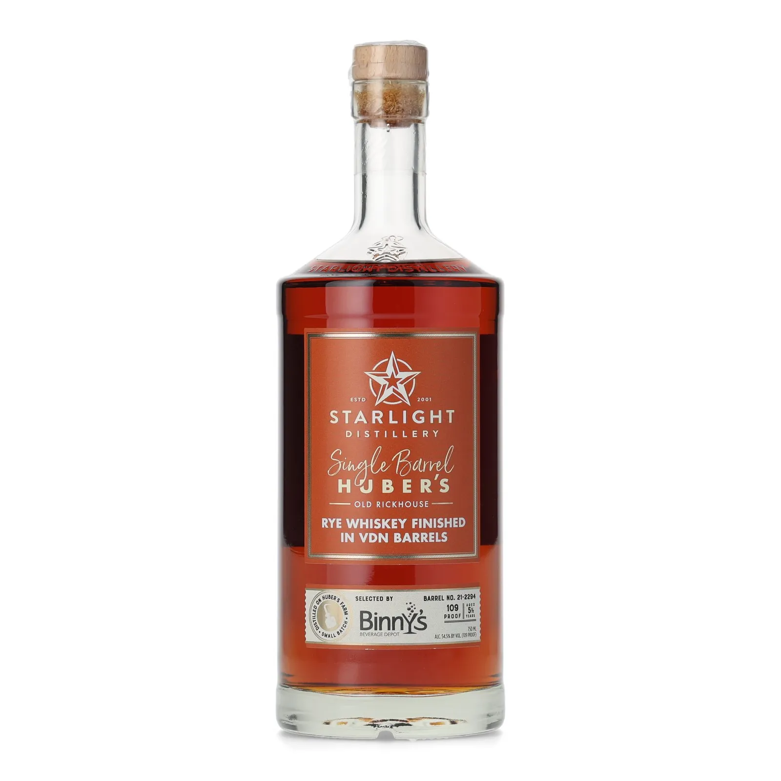 Starlight Single Barrel Huber's Rye Whiskey Finished in VDN Barrels 5 Year Old, Vino de Naranja Cask, Cask #21-2294, 54.5% whisky bottle