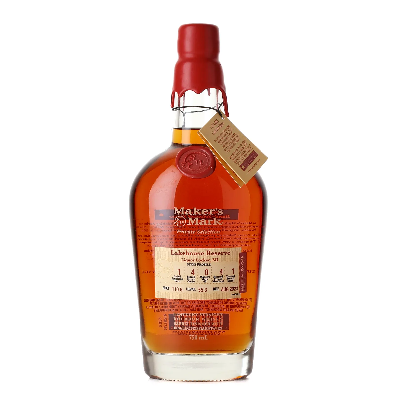 Maker's Mark Lakehouse Reserve Private Barrel Selection, New Charred Oak Cask, finished with various oak staves, 2023, 55.3% whisky bottle