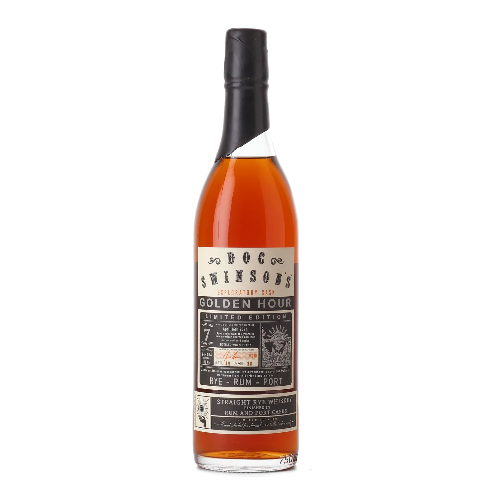 Doc Swinson's Exploratory Cask Golden Hour 7 Year Old, Port & Rum Cask, Batch No. 24-004, 2024, 49% whisky bottle