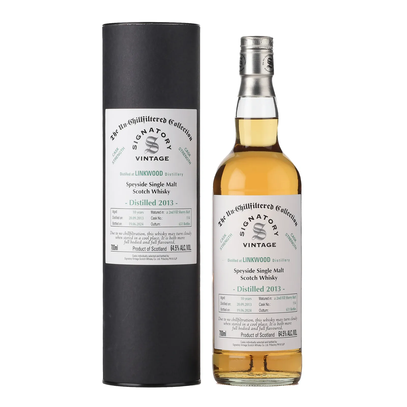Linkwood The Un-Chillfiltered Collection 10 Year Old, Sherry Cask, Cask #114, 2013, Signatory Vintage, 64.5% whisky bottle