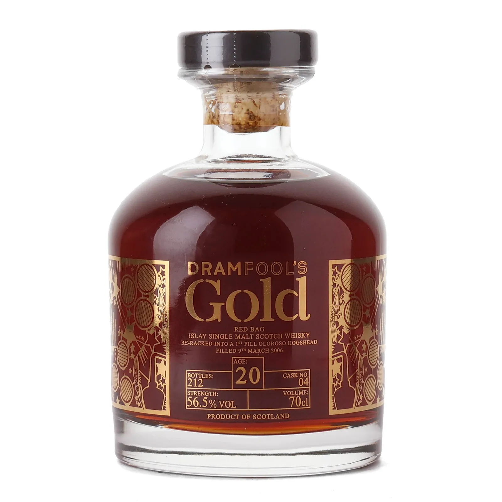Ardbeg Dramfool's Gold Red Bag 20 Year Old, Oloroso Hogshead Cask, Cask #04, 2006, Dramfool, 56.5% whisky bottle