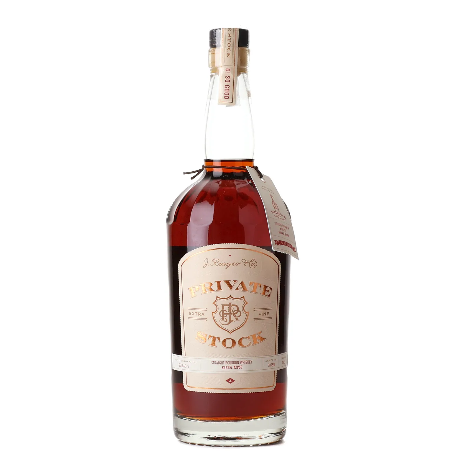 J. Rieger & Co. Private Stock Bourbon 5 Year Old, New Charred Oak Cask, Cask #2866, Batch No. HAZMAT, 78.15% whisky bottle