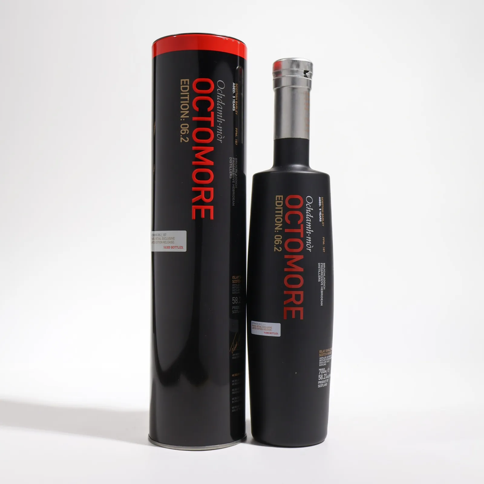 Octomore Edition 06.2, 5 Year Old, Limousin Oak (ex-Cognac/Eau-de-Vie) Cask, 2013, 58.2% whisky bottle