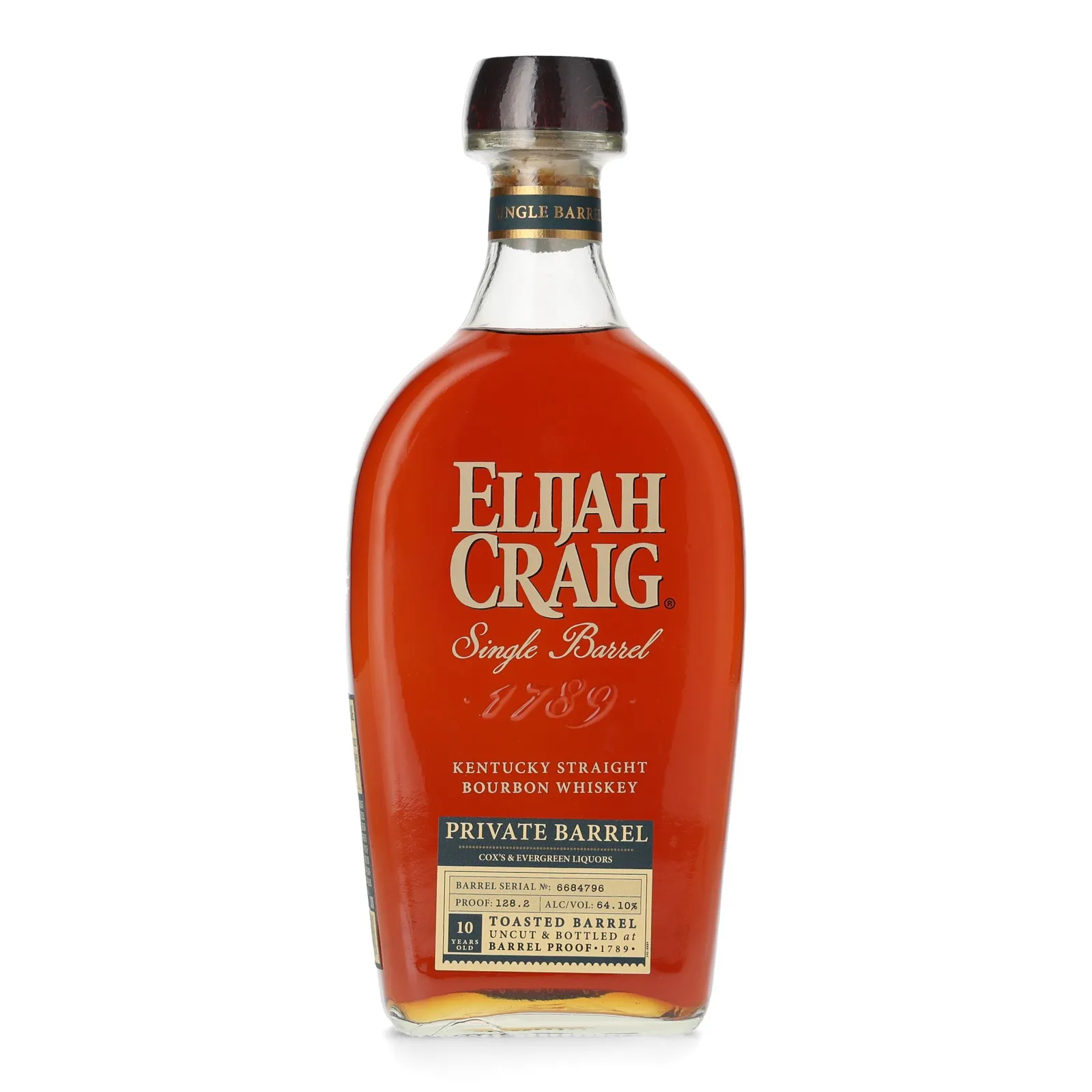 Elijah Craig Toasted Barrel Private Barrel Cox's & Evergreen Liquors 10 Year Old, Toasted Barrel Cask, Cask #6684796, 64.1% whisky bottle