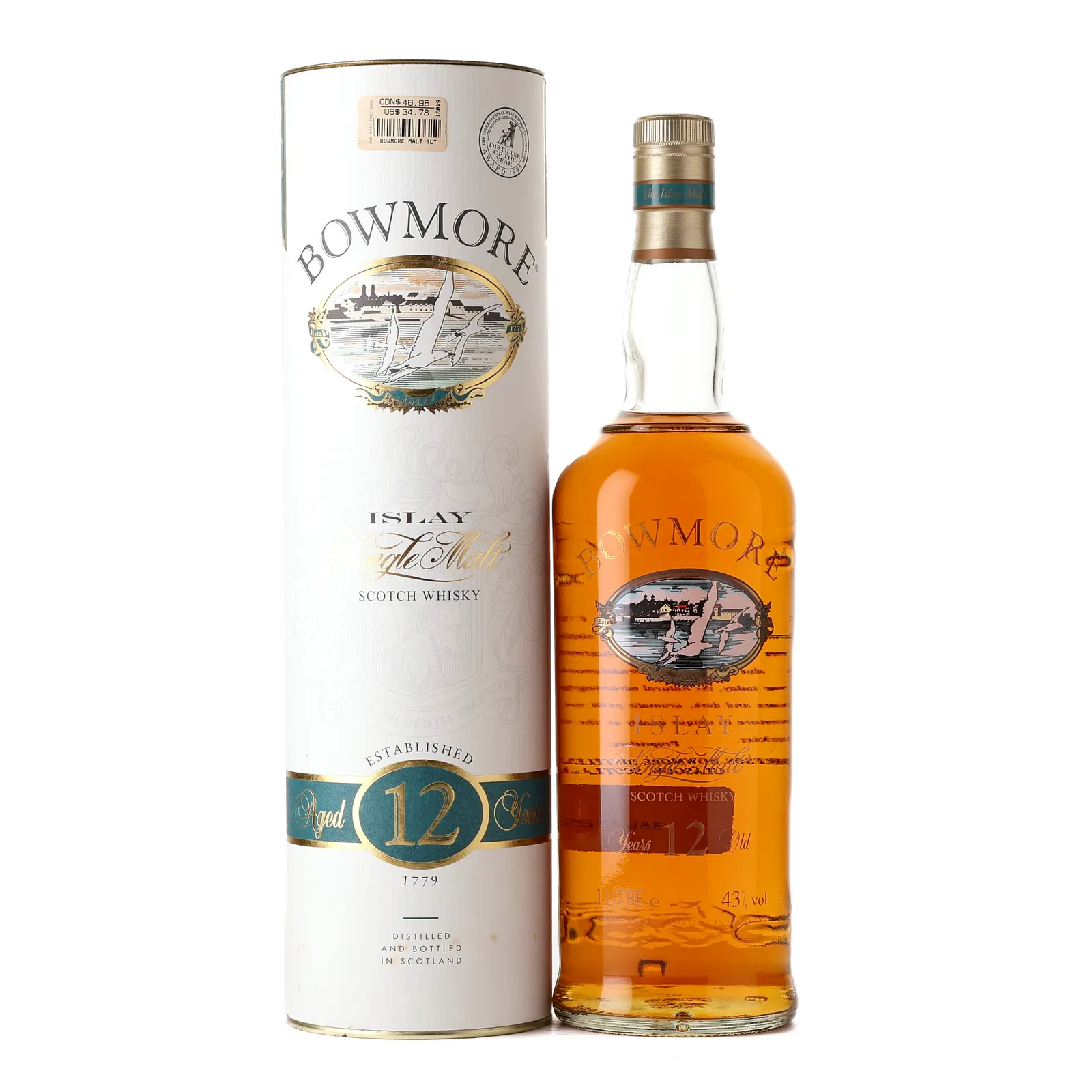 Bowmore 12 Year Old Screen Printed Label, 43% whisky bottle
