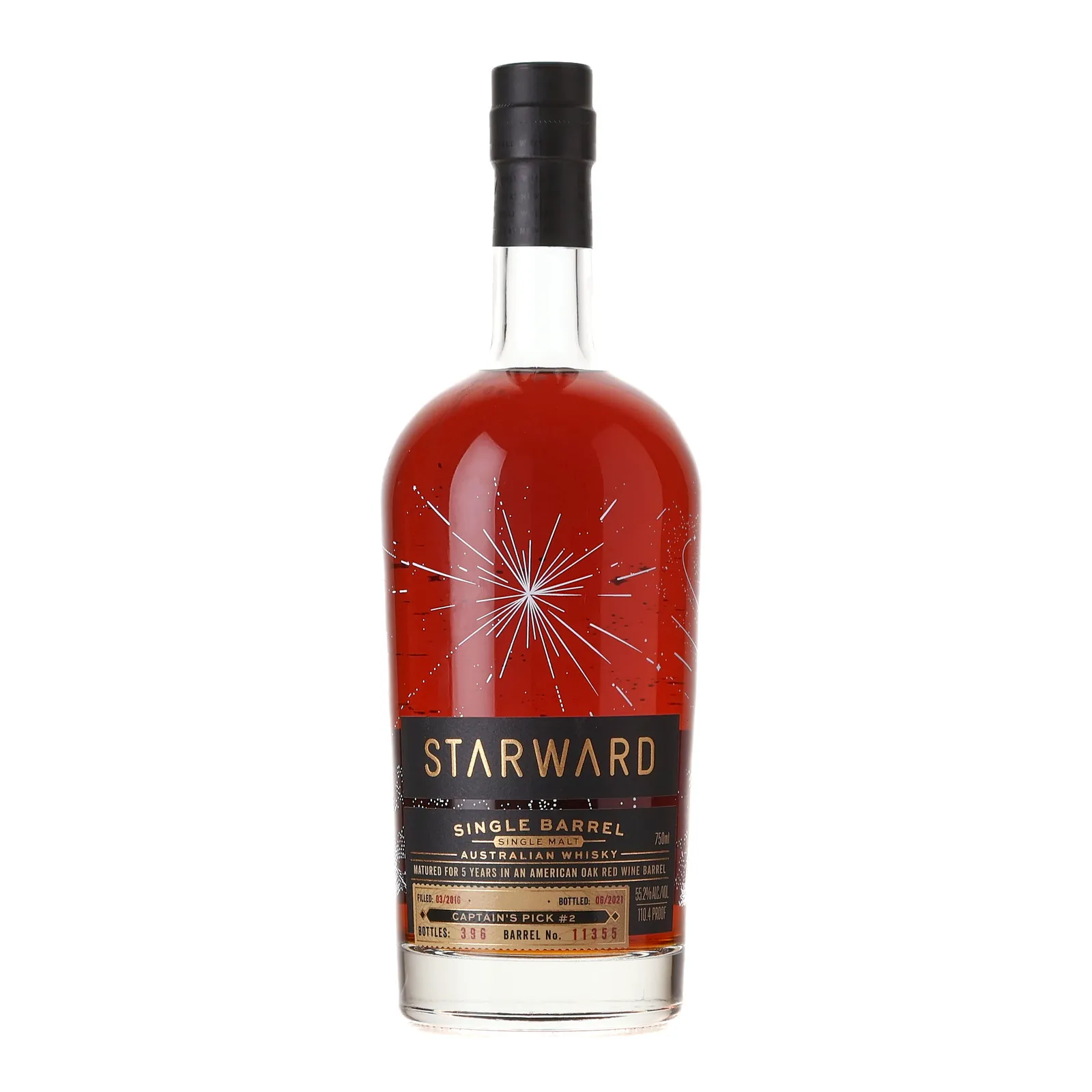 Starward Captain's Pick #2 5 Year Old, Red Wine Cask, Cask #11355, 2021, 55.2% whisky bottle