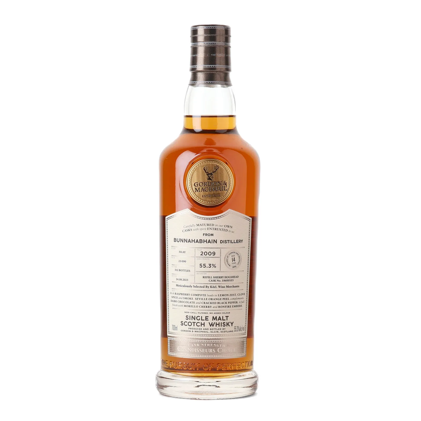 Bunnahabhain Connoisseurs Choice Cask Strength 14 Year Old, Refill Sherry Hogshead Cask, Cask #18600103, Batch No. 23/090, 2009, Gordon & MacPhail, 55.3% whisky bottle