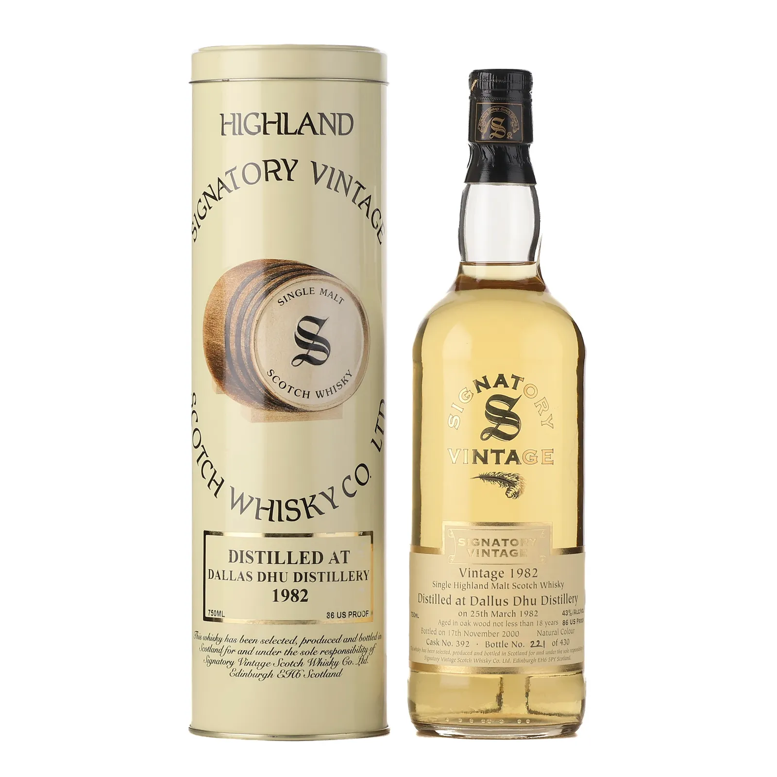 Dallas Dhu 18 Year Old, Oak Cask, Cask #392, 1982, Signatory Vintage, 43% whisky bottle