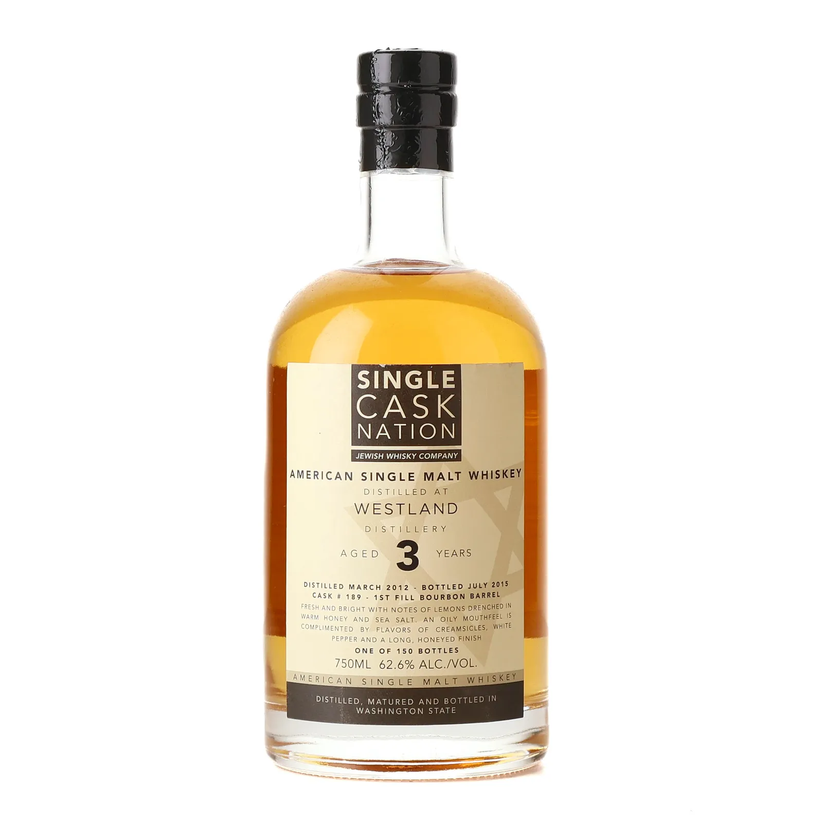 Westland Single Cask Nation American Single Malt Whiskey 3 Year Old, Bourbon Cask, Cask #189, 2012, Jewish Whisky Company, 62.6% whisky bottle