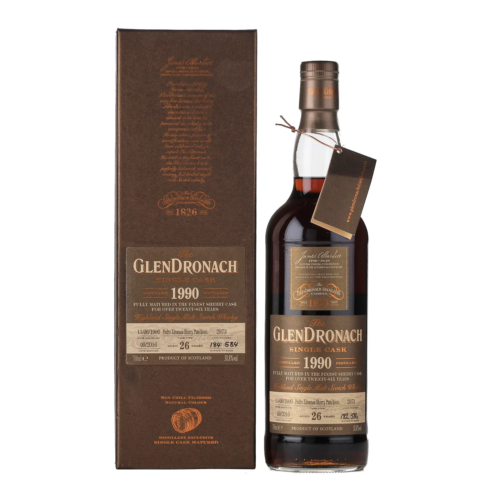 GlenDronach Single Cask 26 Year Old, Pedro Ximénez Sherry Puncheon Cask, Cask #2973, Batch No. 14, 2016, 50.8% whisky bottle