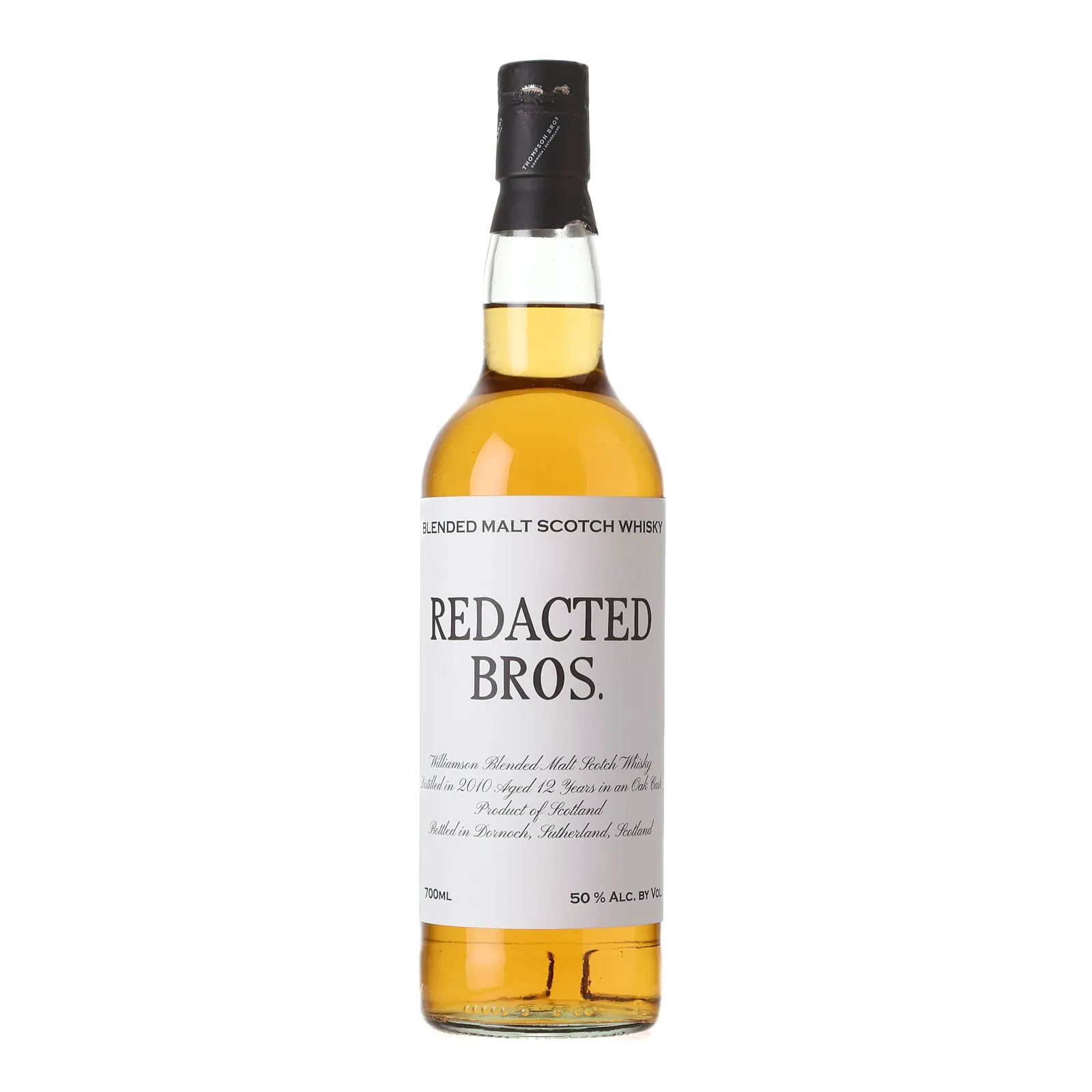 Williamson Redacted Bros. 12 Year Old, Sherry Cask, 2010, Thompson Bros., 50% whisky bottle