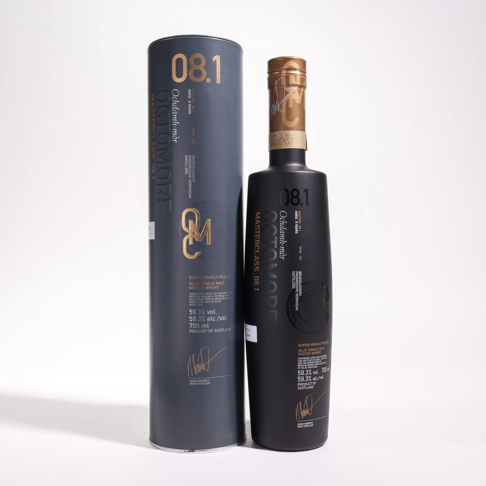 Octomore Edition: 08.1 Masterclass 8 Year Old, First Fill Ex-Bourbon Cask, 2018, 59.3% whisky bottle