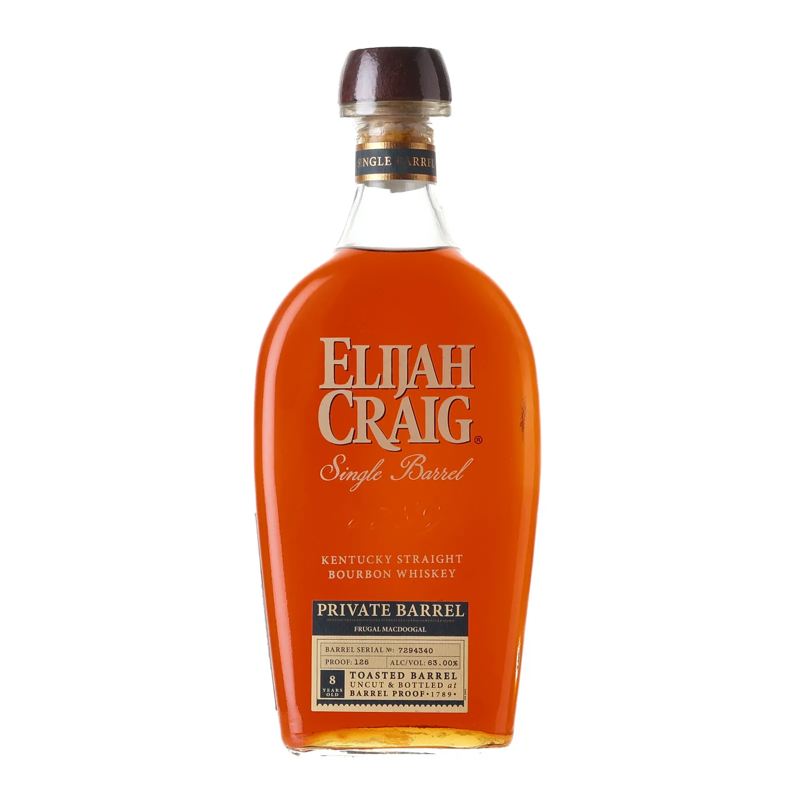 Elijah Craig Toasted Barrel Private Barrel Selection 'Frugal MacDoogal' 8 Year Old, Toasted Oak Cask, Cask #7294340, 63% whisky bottle