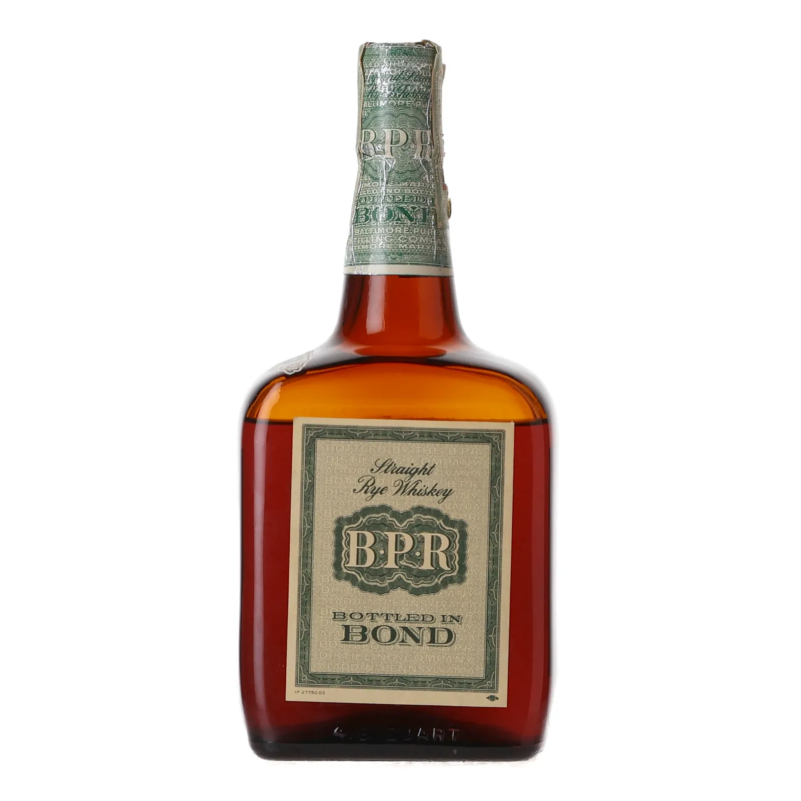 BPR Bottled in Bond Straight Rye Whiskey 8 Year Old, 1958, 50% whisky bottle