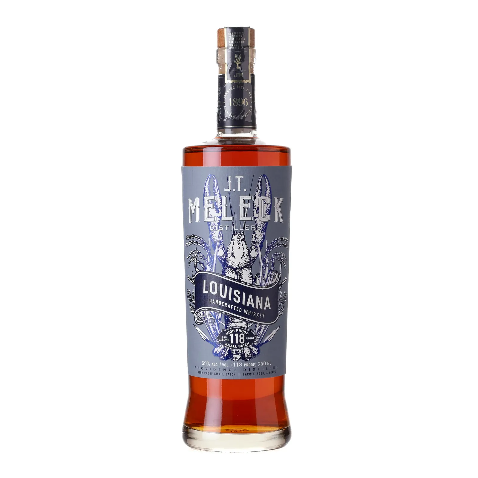 J.T. Meleck Louisiana High Proof Small Batch No. 4 Year Old, Batch No. 424, 59% whisky bottle