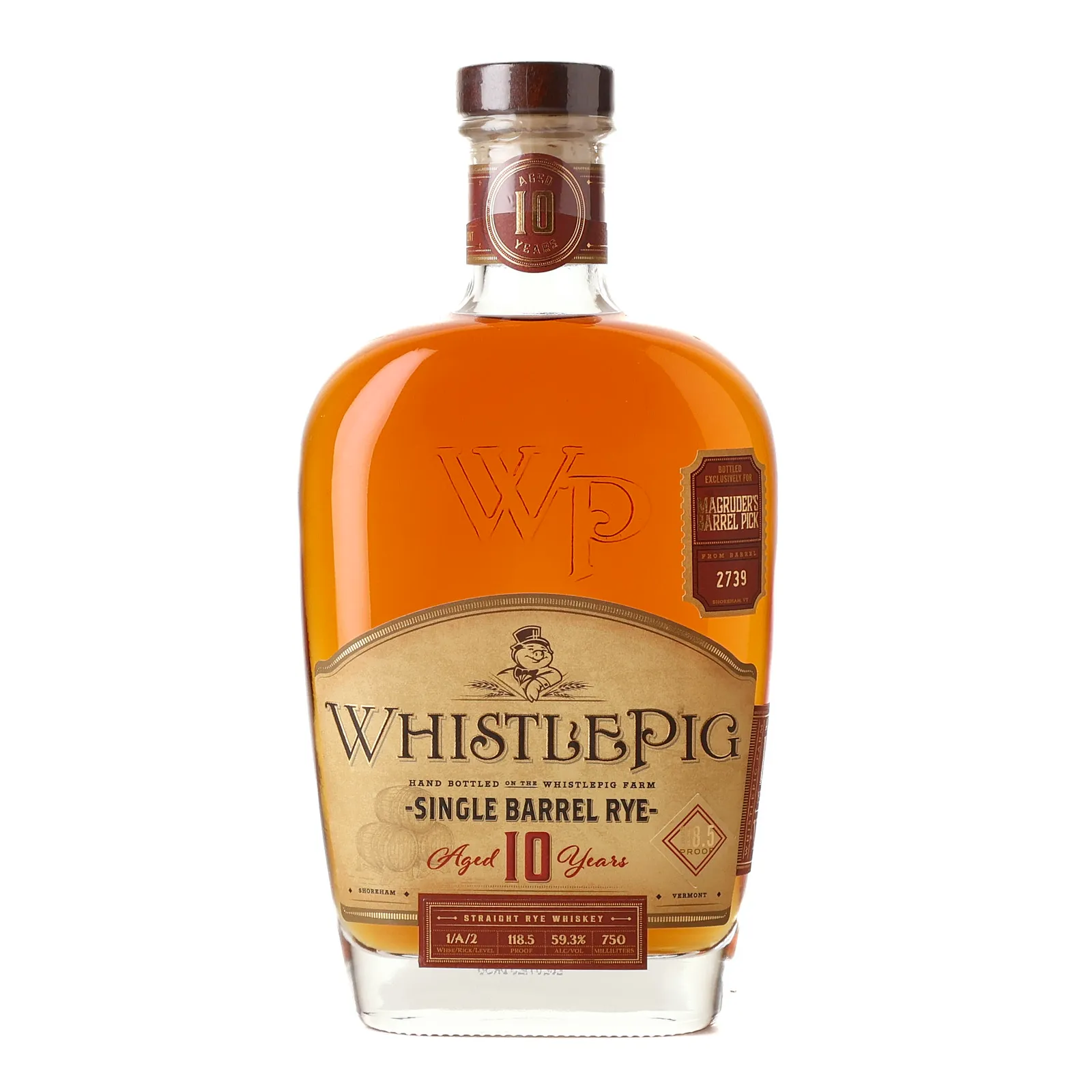 WhistlePig 10 Year Rye 'Magruder's' Private Barrel Selection 10 Year Old, American Oak Cask, Cask #2739, 59.3% whisky bottle