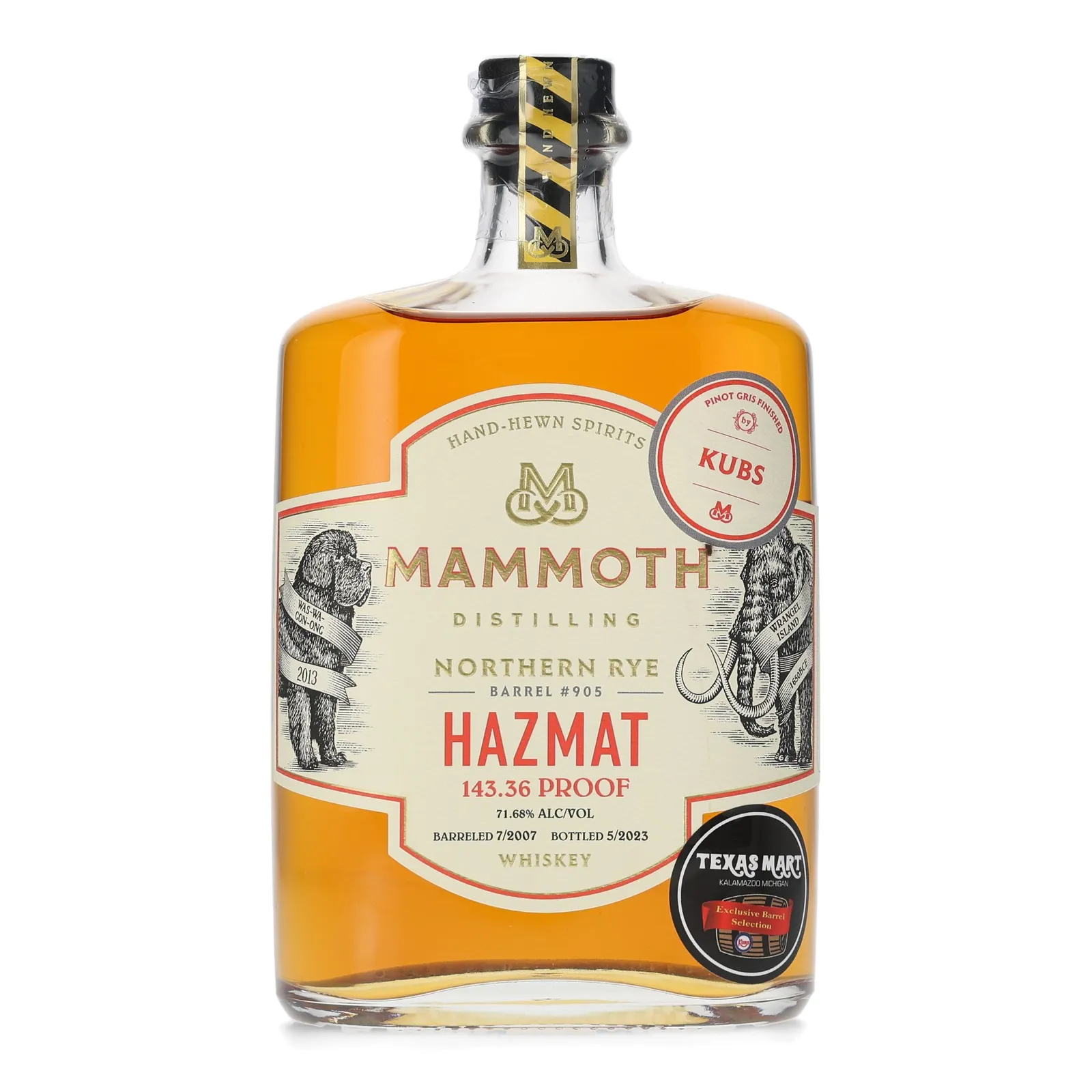 Mammoth Northern Rye Hazmat Pinot Gris Finished 'Kubs' Texas Mart Private Barrel Selection 15 Year Old, Pinot Gris Cask, Cask #905, 2023, 71.68% whisky bottle