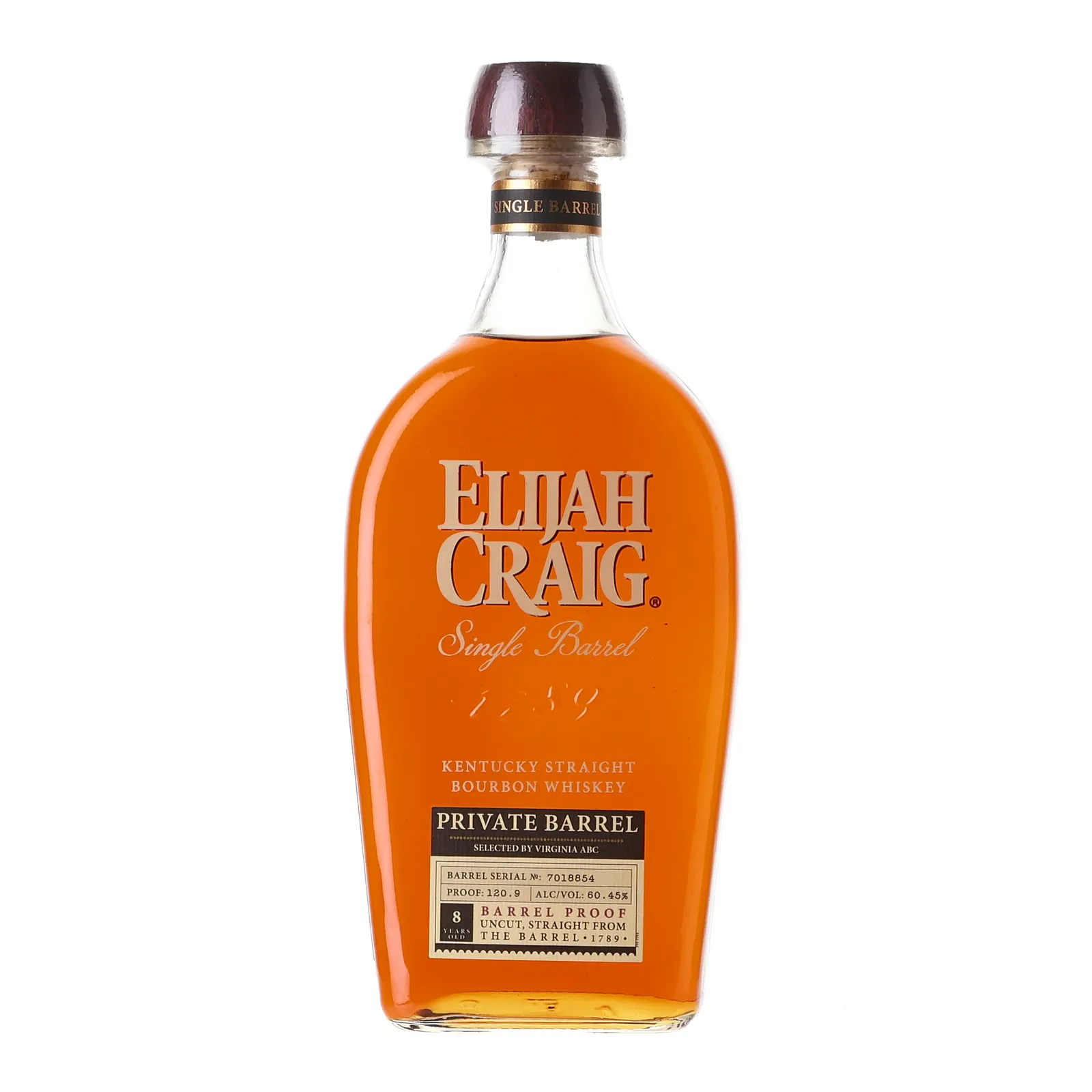 Elijah Craig Barrel Proof 8 Year Old, New Charred Oak Cask, Cask #7018854, Virginia ABC Private Barrel Selection, 60.5% whisky bottle