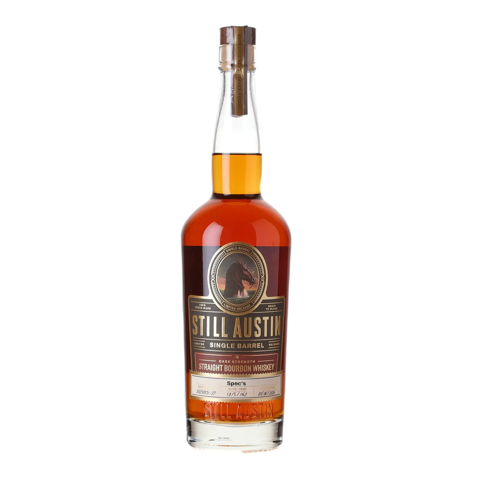Still Austin Single Barrel Cask Strength Spec's Private Barrel Selection 3 Year Old, Oak Cask, Cask #20230331-27, 2026, 58.1% whisky bottle