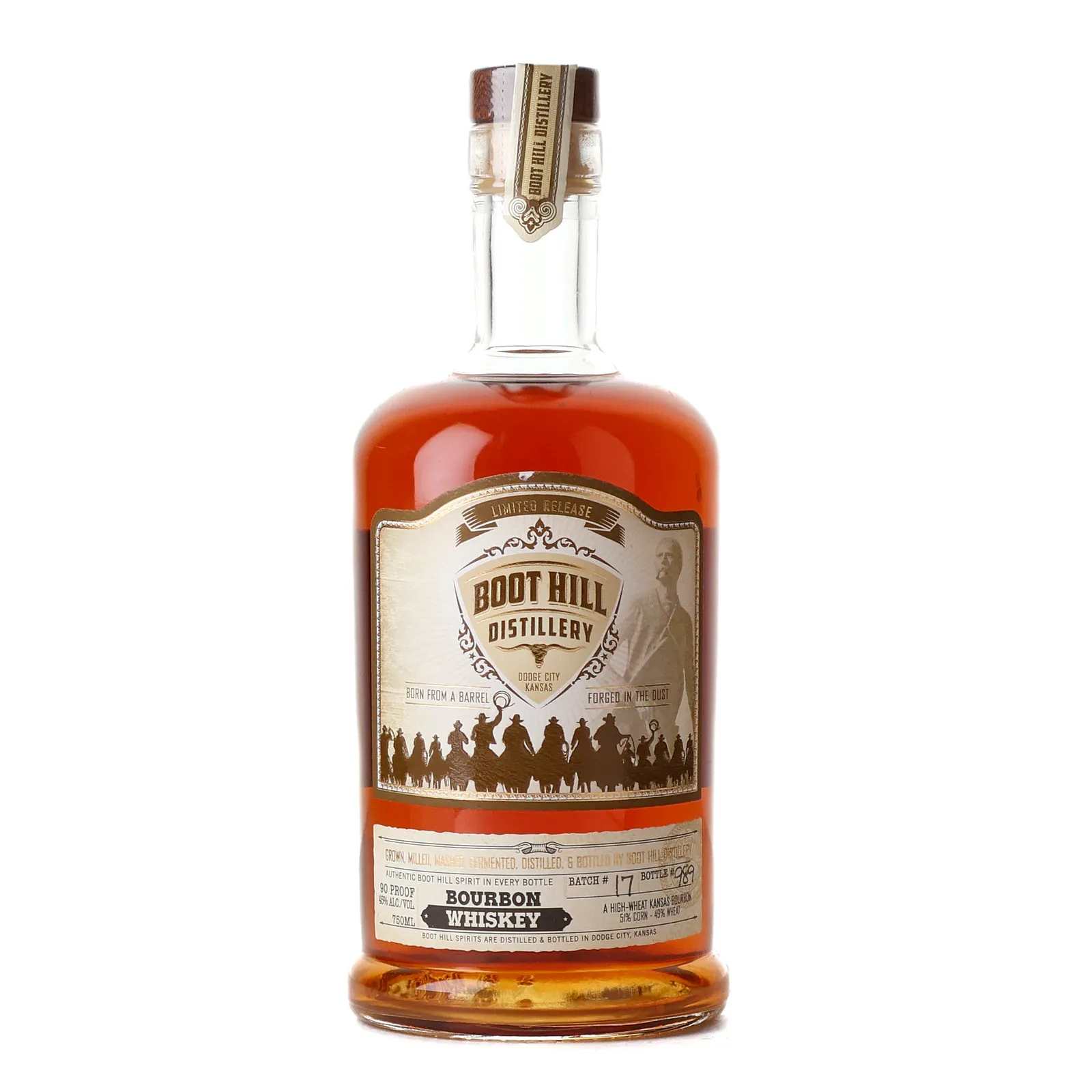 Boot Hill Distillery Bourbon Whiskey 1 Year Old, Batch No. 17, 45% whisky bottle