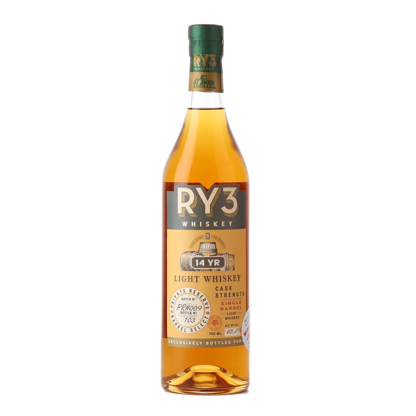 RY3 Light Whiskey 'Winthrop Liquors' Private Barrel Selection 14 Year Old, Used Bourbon Cask, Batch No. P4009, Phenomenal Spirits, 65.2% whisky bottle
