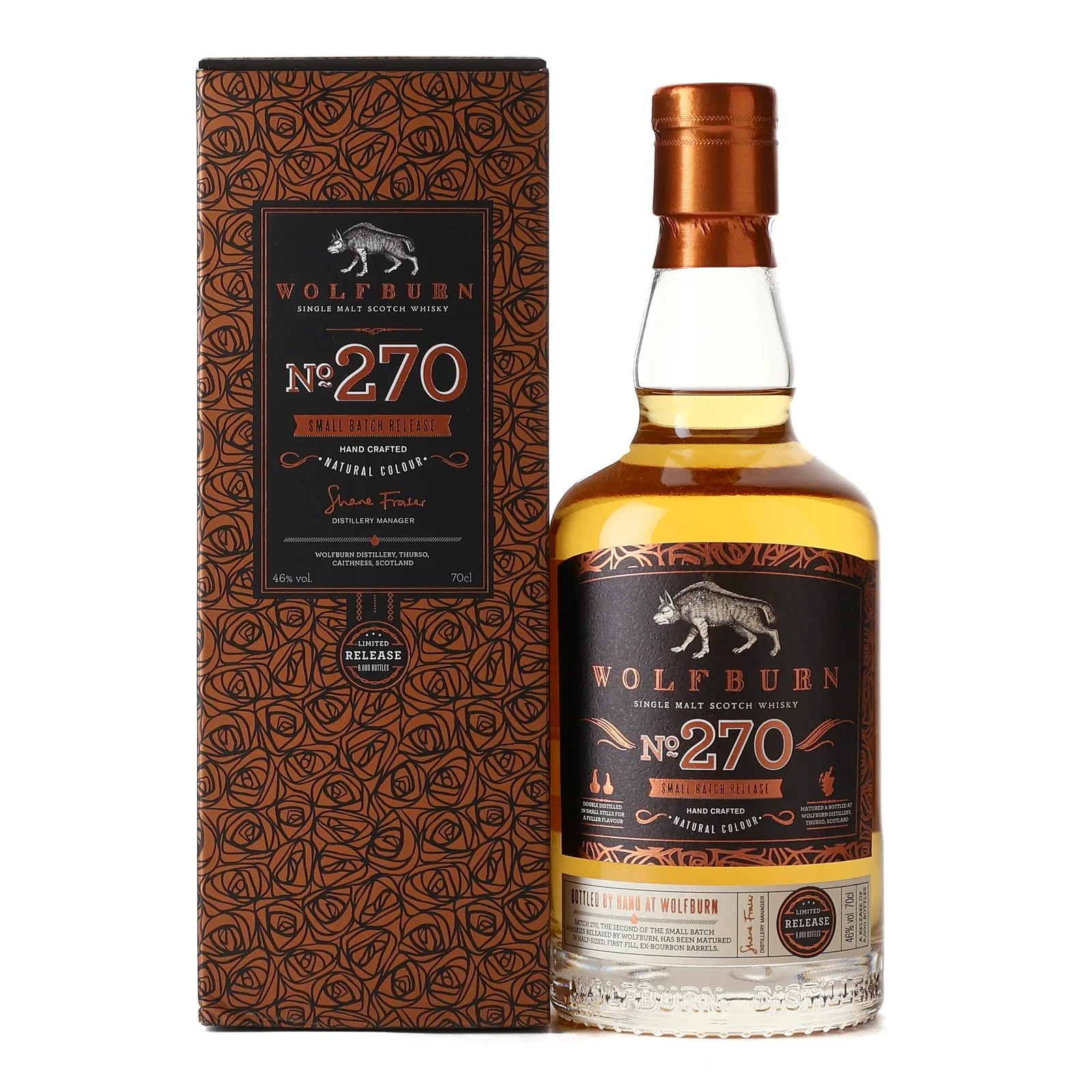 Wolfburn Small Batch No. 270 3 Year Old, First Fill Bourbon Cask, Batch No. 270, 2018, 46% whisky bottle