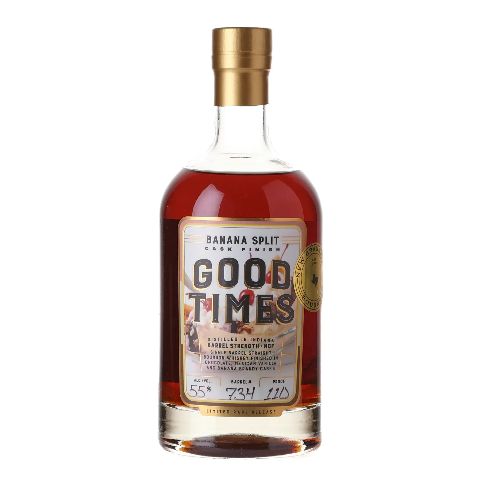 Good Times Banana Split Cask Finish 'New Braunfels Bourbon', Chocolate, Banana Brandy & Mexican Vanilla Cask, Cask #734, Good Times, 55% whisky bottle