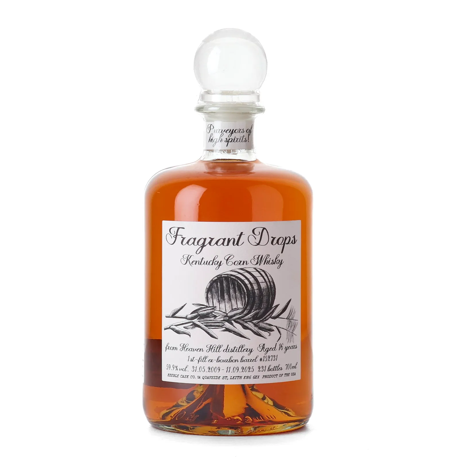 Heaven Hill Fragrant Drops 16 Year Old, Bourbon Cask, Cask #152731, 2009, Keeble Cask Company, 59.9% whisky bottle