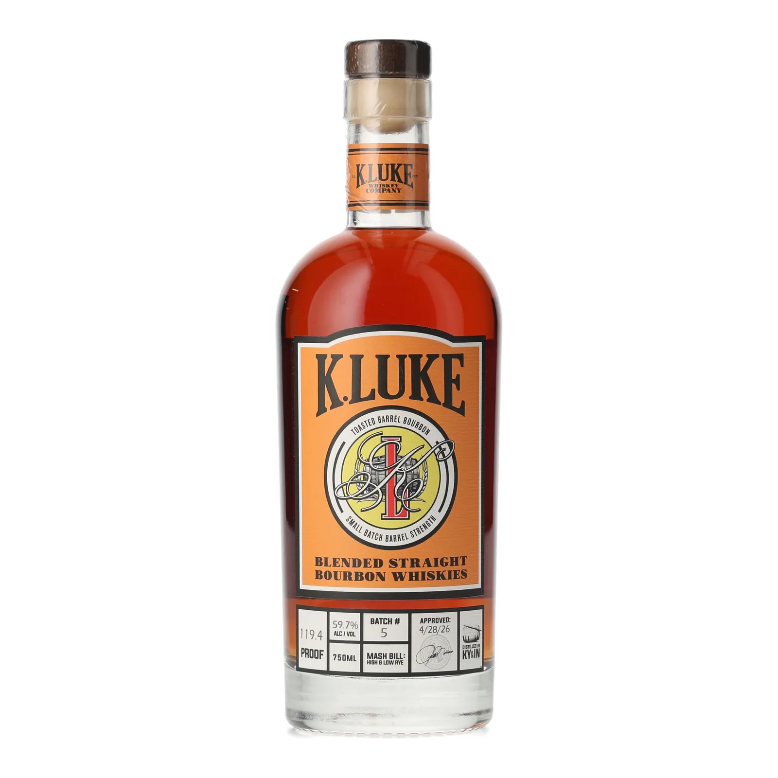 K.Luke Toasted Barrel Small Batch No. Blended Bourbon, Toasted Cask, Batch No. 5, K.Luke Whiskey Company, 59.7% whisky bottle