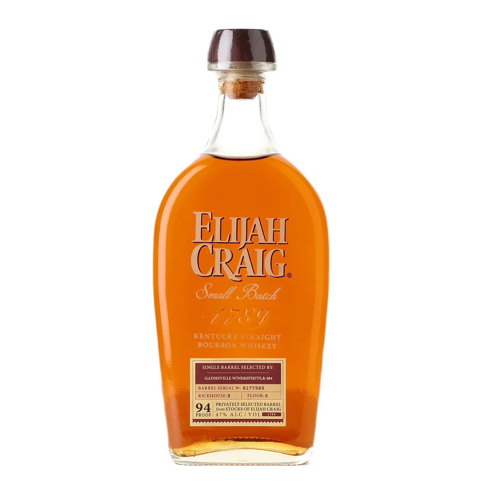 Elijah Craig Small Batch No. Bourbon Gainesville Private Barrel Selection, Cask #6177393, 47% whisky bottle