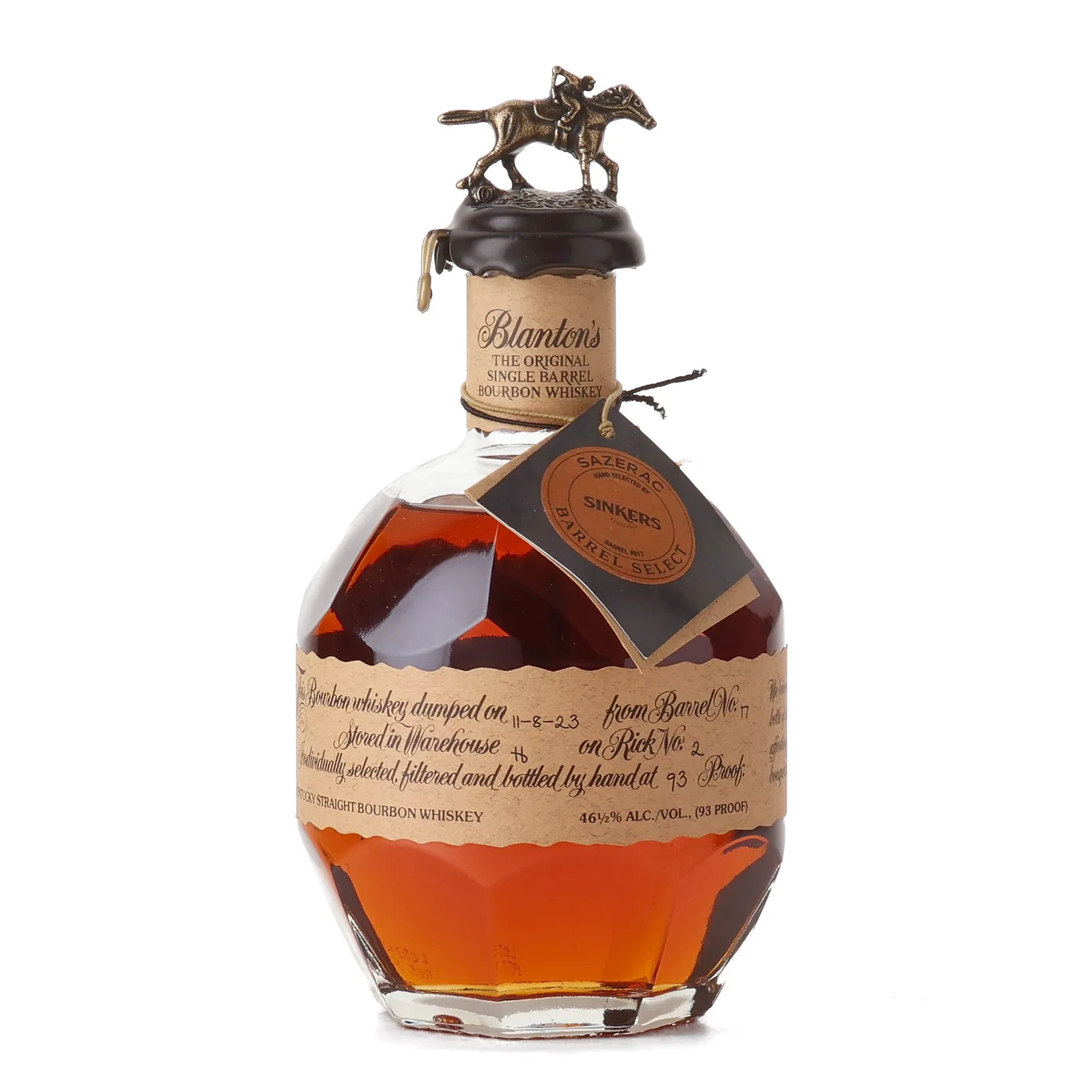 Blanton's Bourbon 'Sinker's' Private Barrel Selection (Letter N), New Charred Oak Cask, Cask #17, Batch N, 2023, 46.5% whisky bottle