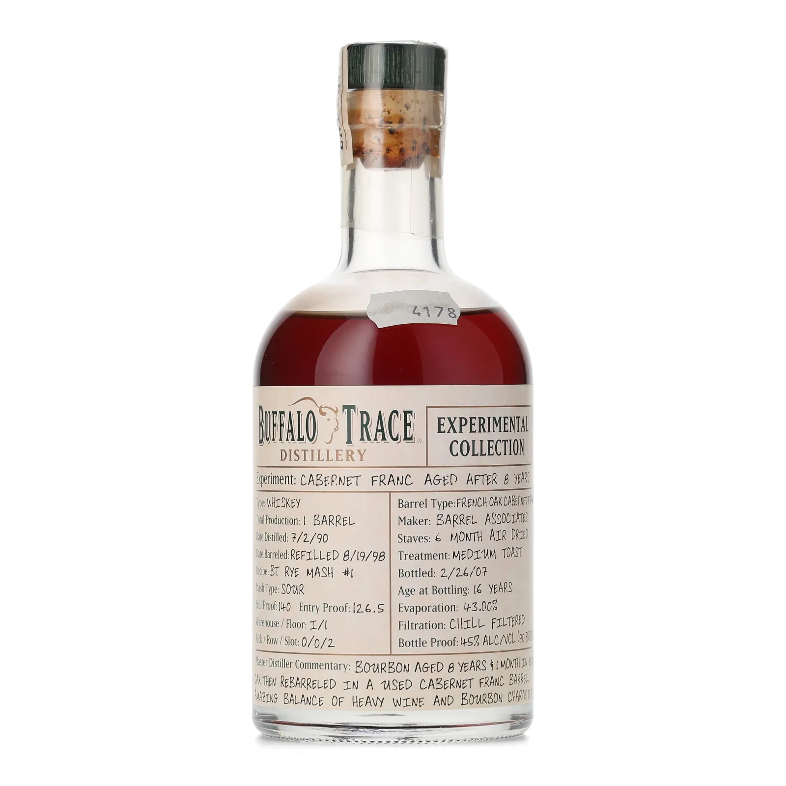 Buffalo Trace Experimental Collection Cabernet Franc Aged After 8 Years 16 Year Old, Cabernet Franc Cask, 2007, 45% whisky bottle
