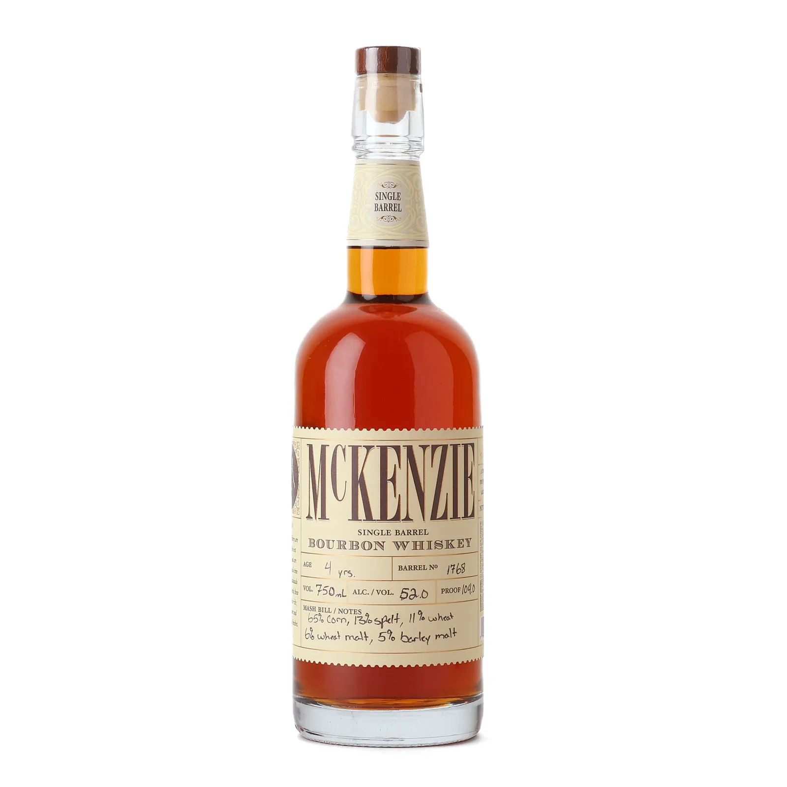 McKenzie Bourbon 'Seelbach's + Taste Select Repeat' Private Barrel Selection 4 Year Old, New Charred Oak Cask, Cask #1768, 2019, 52% whisky bottle