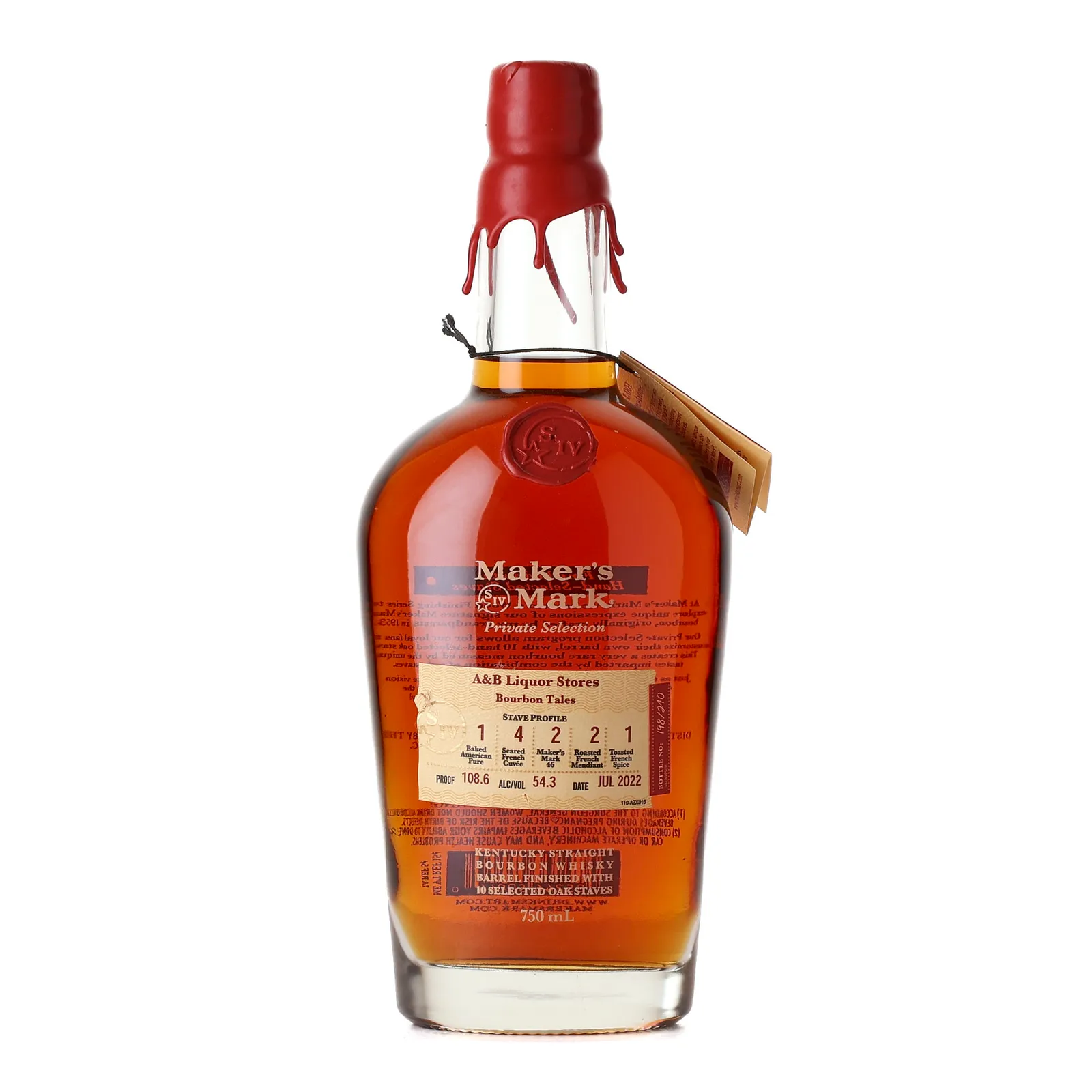 Maker's Mark Private Barrel Selection, Oak Staves: 1 Baked American Pure, 4 Seared French Cuvee, 2 Maker's Mark 46, 2 Roasted French Mocha, 1 Toasted French Spice, Bottled 2022, 54.3% whisky bottle