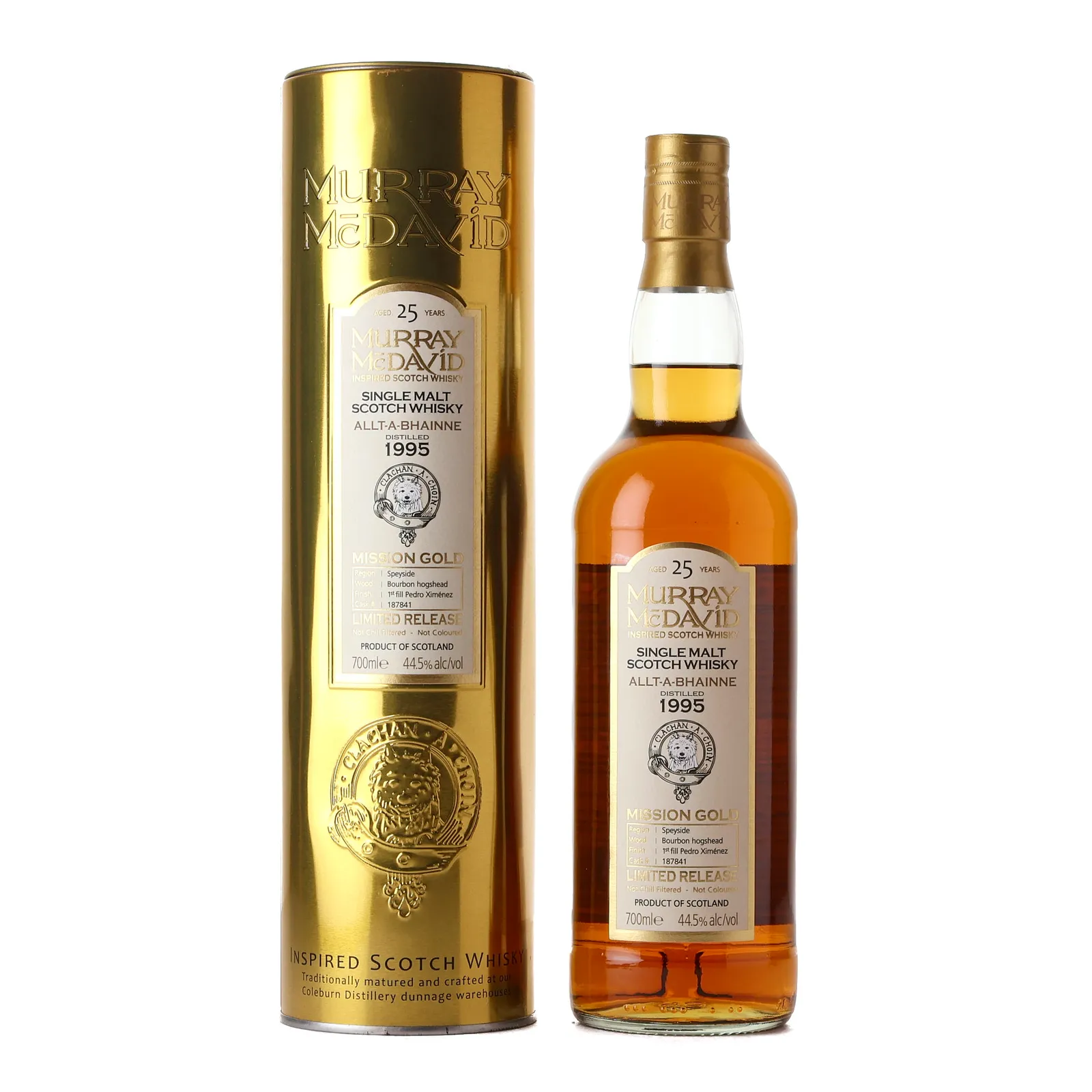 Allt-A-Bhainne Mission Gold 25 Year Old, Bourbon & Pedro Ximénez Cask, Cask #187841, 1995, Murray McDavid, 44.5% whisky bottle