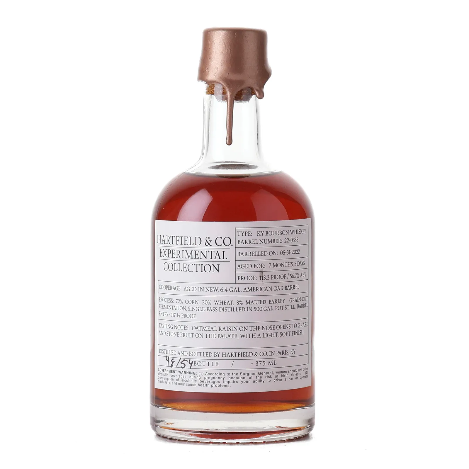 Hartfield & Co. Experimental Collection Bourbon 1 Year Old, American Oak Cask, Cask #22-0335, 2023, 56.6% whisky bottle
