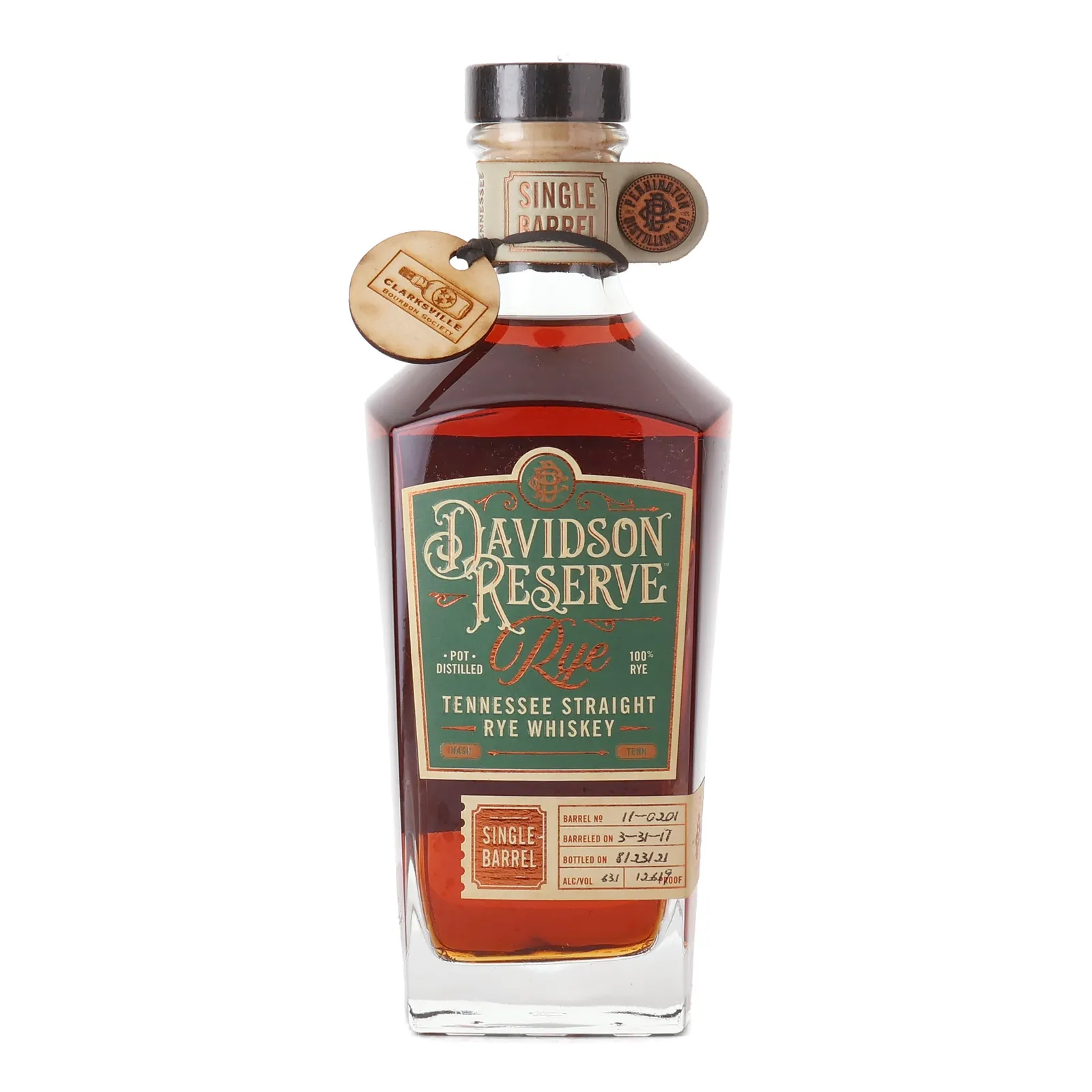 Davidson Reserve Rye Single Barrel 'Clarksville Bourbon Society' 4 Year Old, Cask #11-0201, 2021, 63.1% whisky bottle