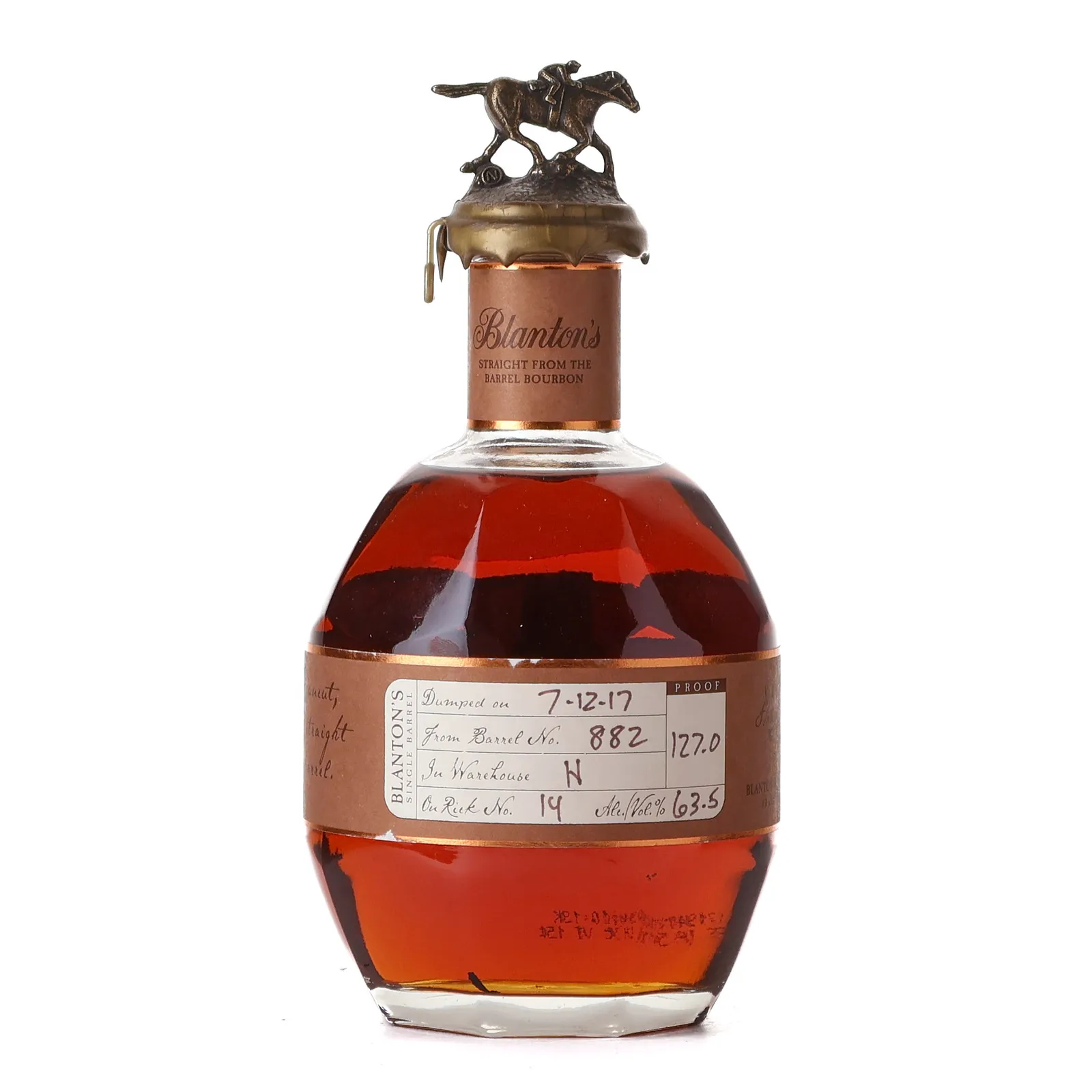 Blanton's Straight From The Barrel, New Charred Oak Cask, Cask #882, Letter N, 2017, 63.5% whisky bottle