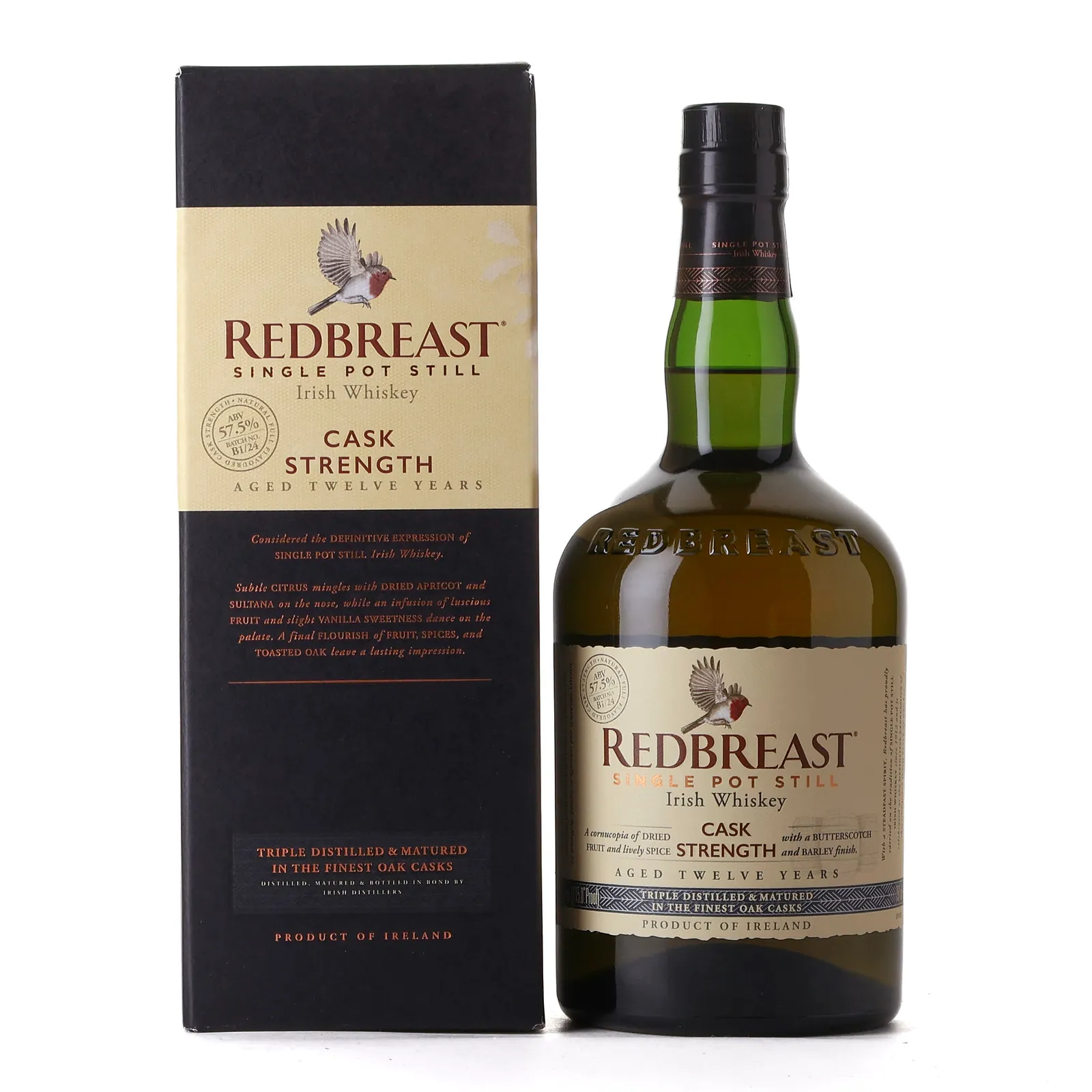 Redbreast Cask Strength 12 Year Old, Bourbon & Sherry Cask, Batch No. B1/24, 2024, 57.5% whisky bottle
