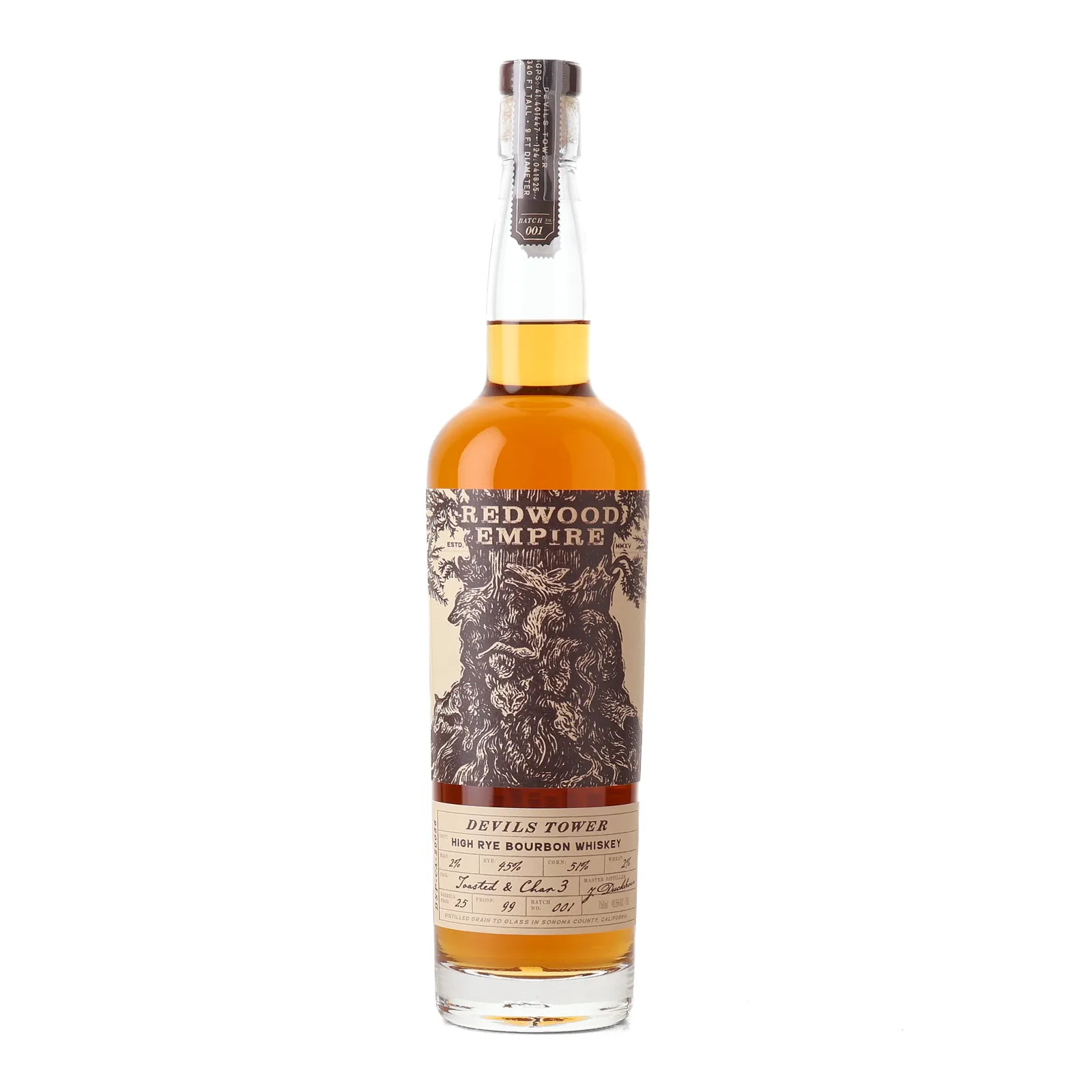 Redwood Empire Devils Tower High Rye Bourbon 5 Year Old, Charred Oak & Toasted Cask, Batch No. 001, 49.5% whisky bottle
