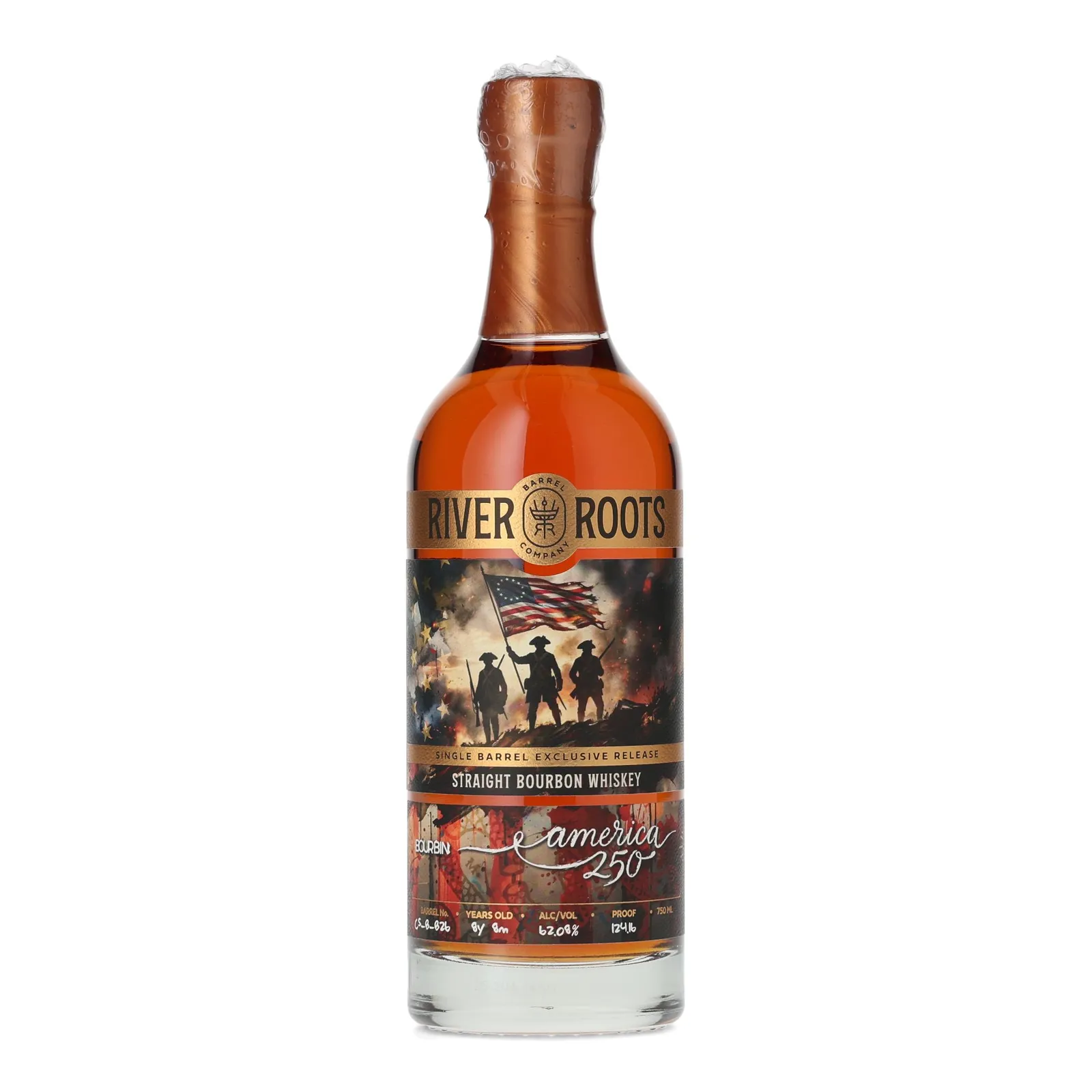 River Roots America 250 Bourbin Private Barrel Selection 8 Year Old, Cask #CS-B-B26, River Roots Barrel Company, 62.08% whisky bottle