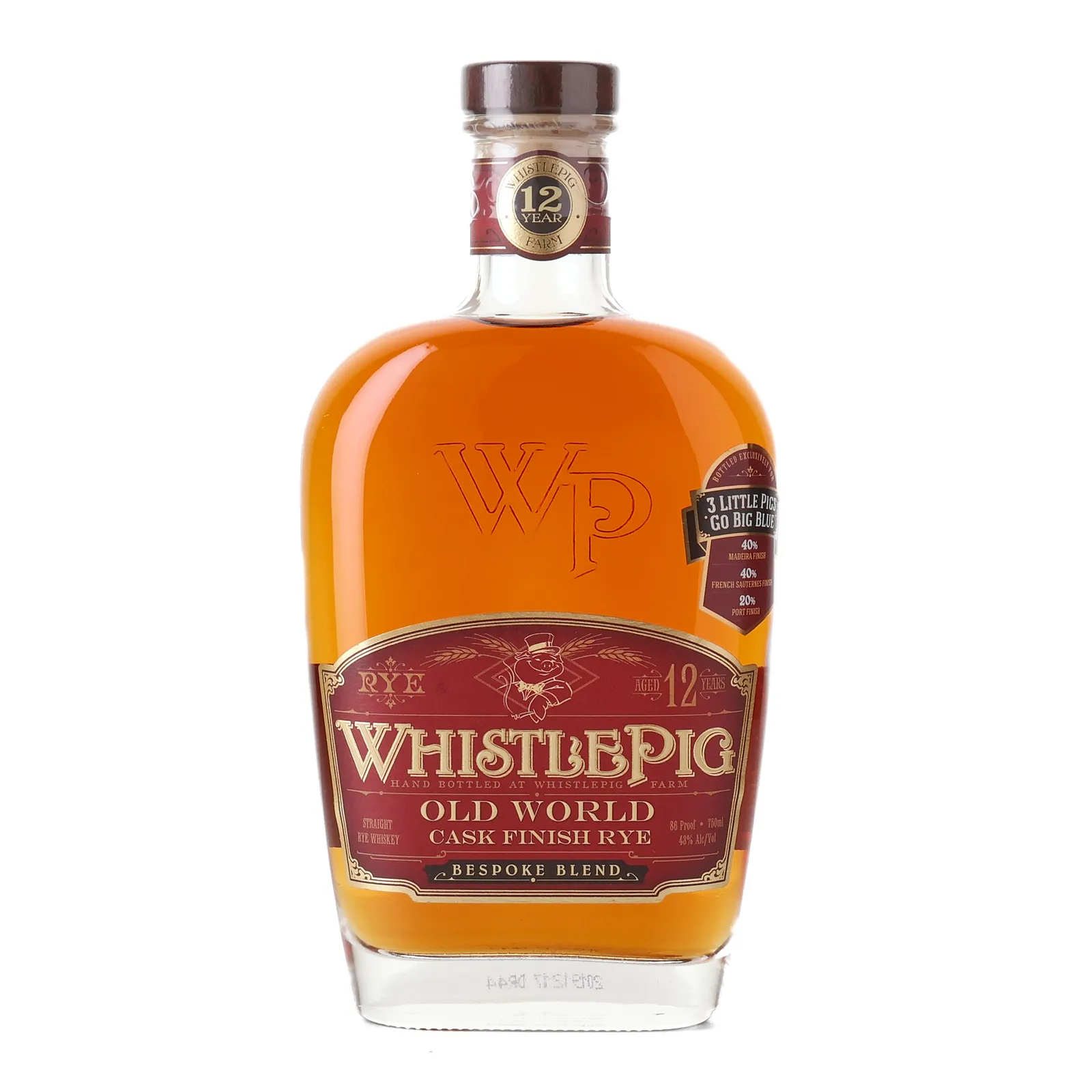WhistlePig Old World Cask Finish Rye Bespoke Blend 12 Year Old, Madeira & New American Oak & Port & Sauternes Cask, 43% whisky bottle