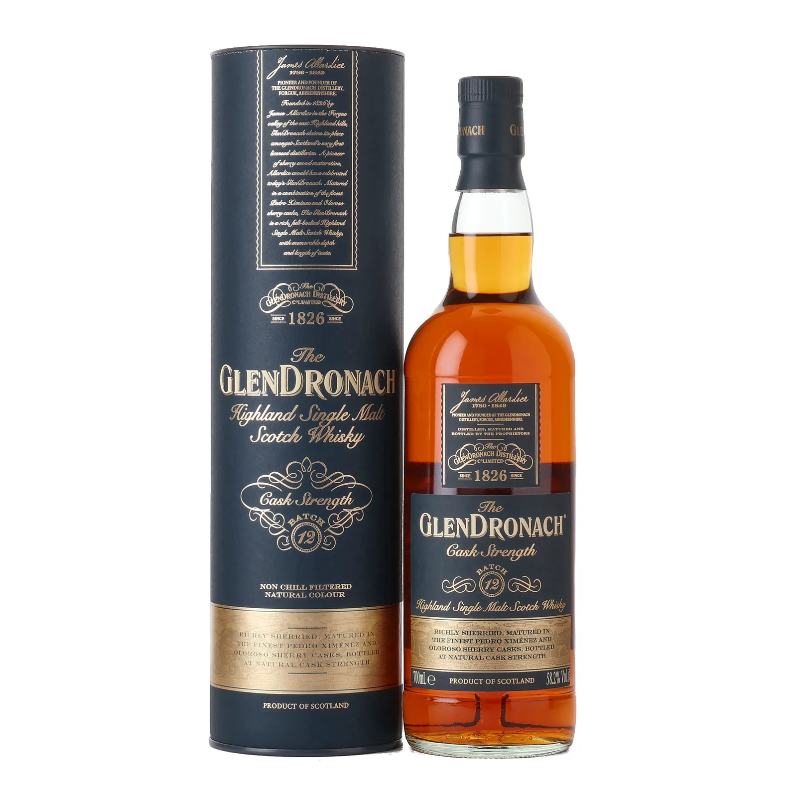 GlenDronach Cask Strength, Pedro Ximénez & Oloroso Sherry Cask, Batch No. 12, 2023, 58.2% whisky bottle