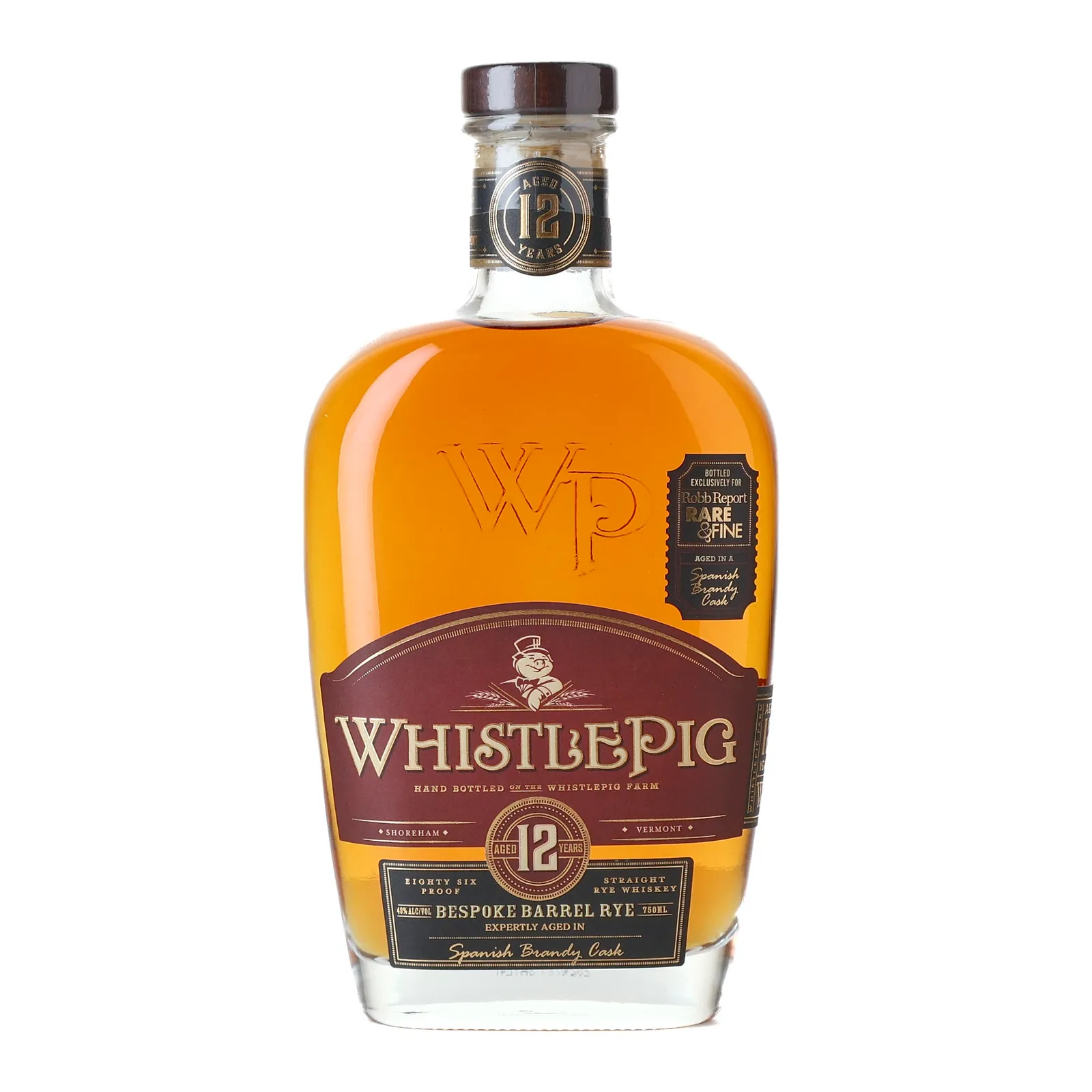 WhistlePig Bespoke Barrel Rye 12 Year Old, Spanish Brandy Cask, Robb Report Rare & Fine, 43% whisky bottle