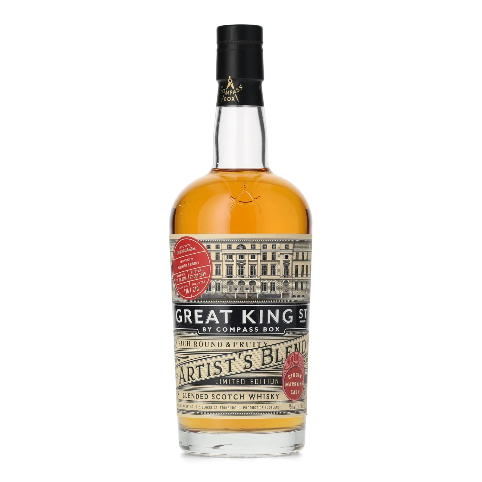 Compass Box Great King Street Artist's Blend Rosewater & Killen's Private Barrel Selection, French Oak Cask, Cask #194, 2019, 49% whisky bottle