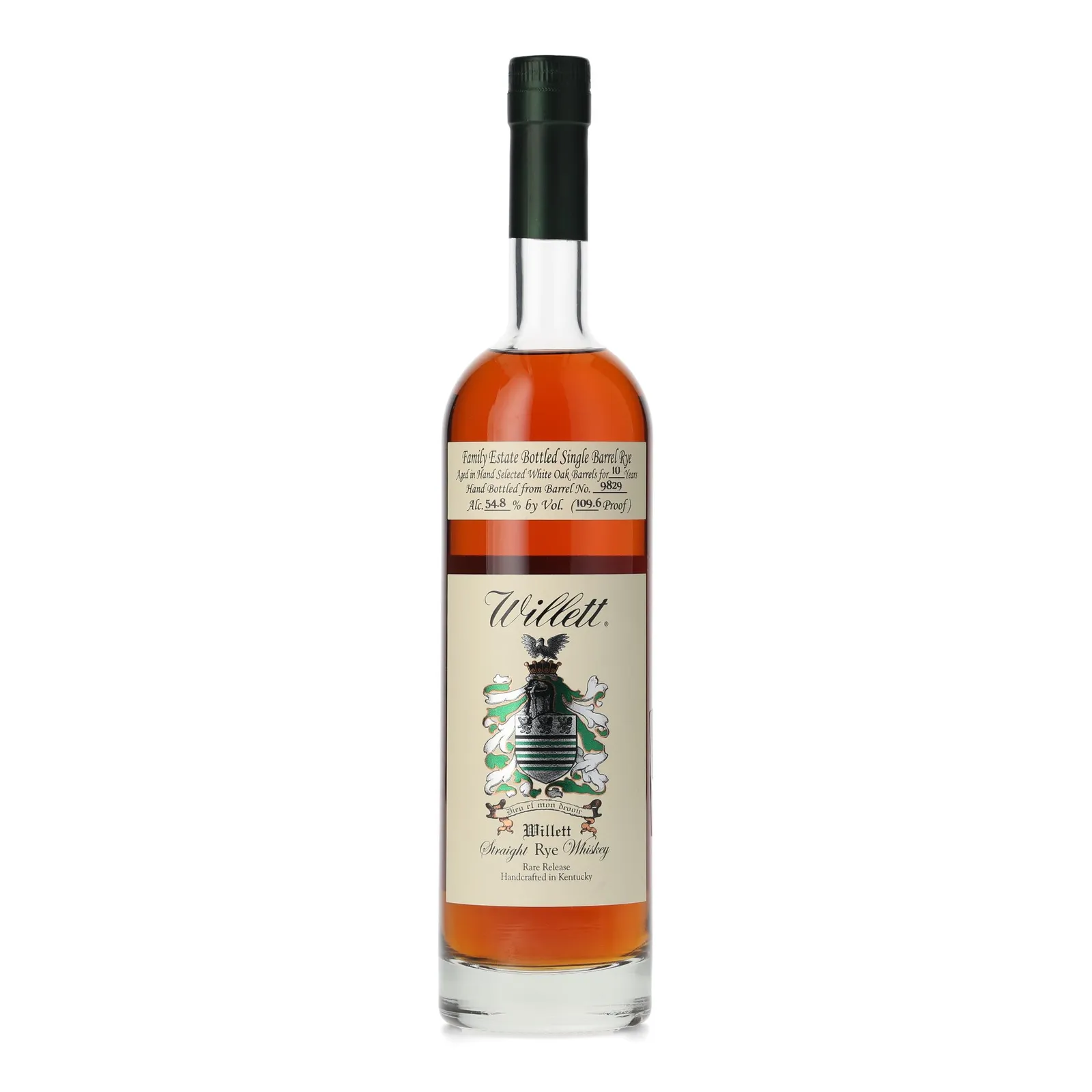 Willett Family Estate Single Barrel Rye 10 Year Old, New Charred American Oak Cask, Cask #9829, 54.8% whisky bottle
